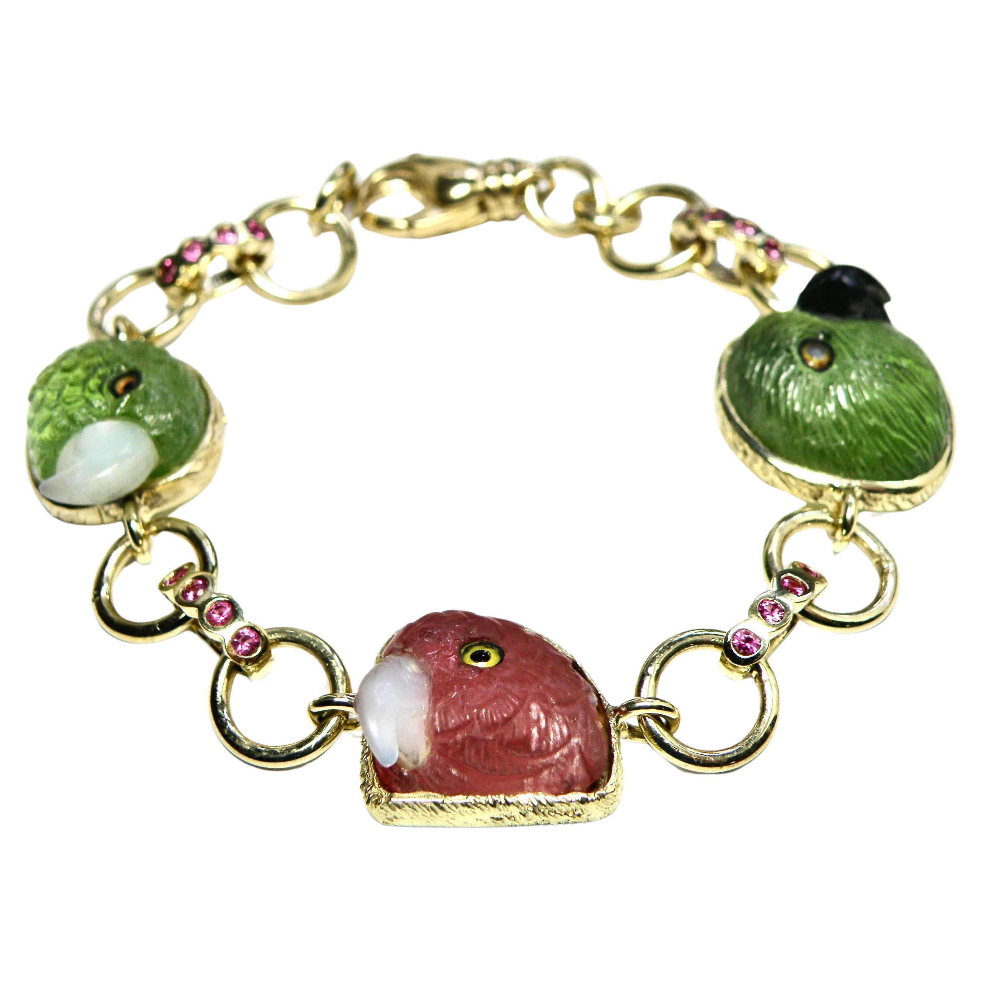 18 Karat Armband mit rosa Turmalin/peridot Papageienköpfen in Papageienform
