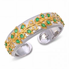 18k Brushed Two Tone Gold Emerald & Diamond Hinged Cuff Bracelet