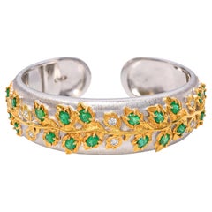 18k Brushed Two Tone Gold Emerald & Diamond Hinged Cuff Bracelet