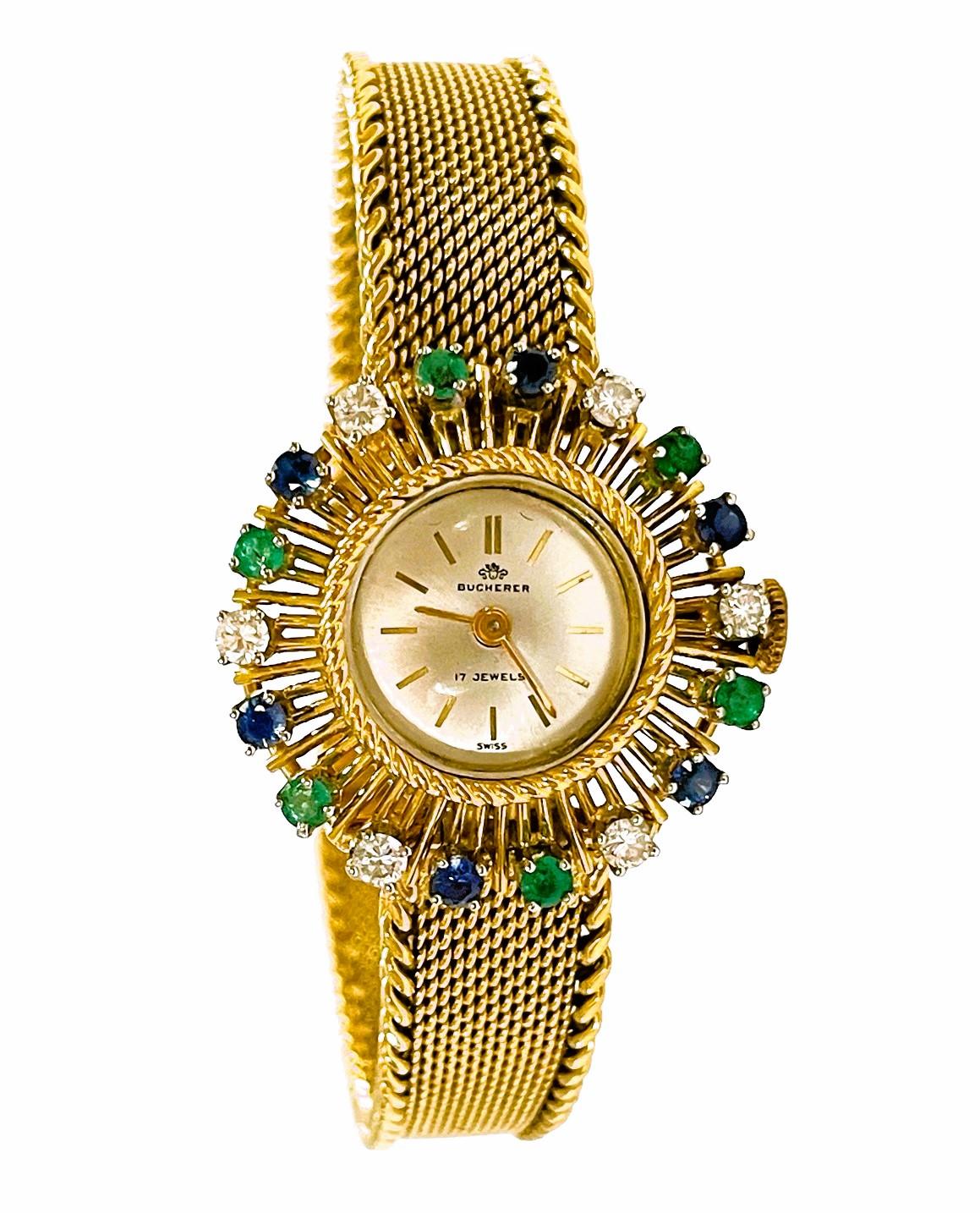 18k Bucherer Quartz Watch with Diamonds, Sapphires & Emeralds with GIA Appraisal 6