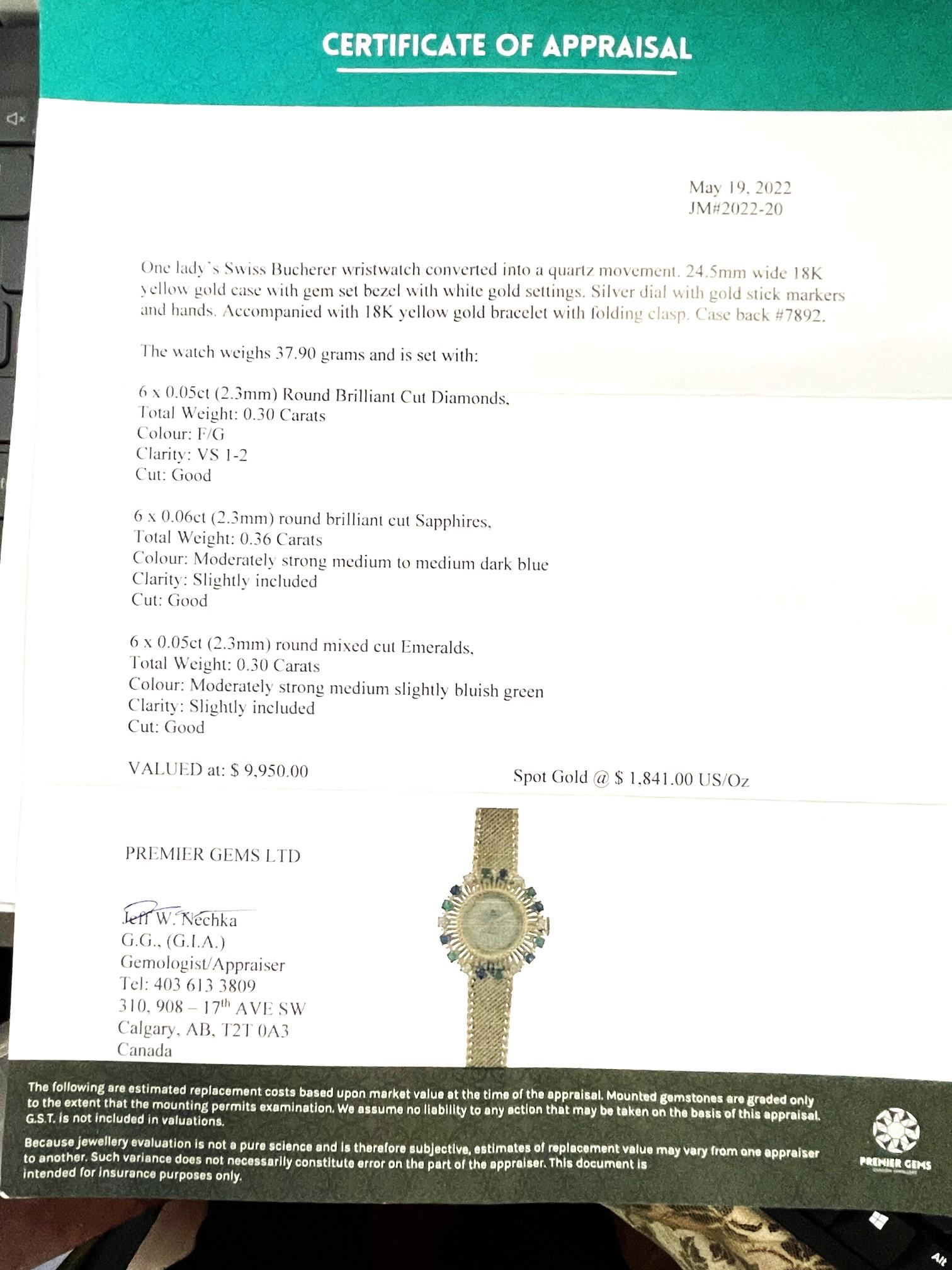 18k Bucherer Quartz Watch with Diamonds, Sapphires & Emeralds with GIA Appraisal 7