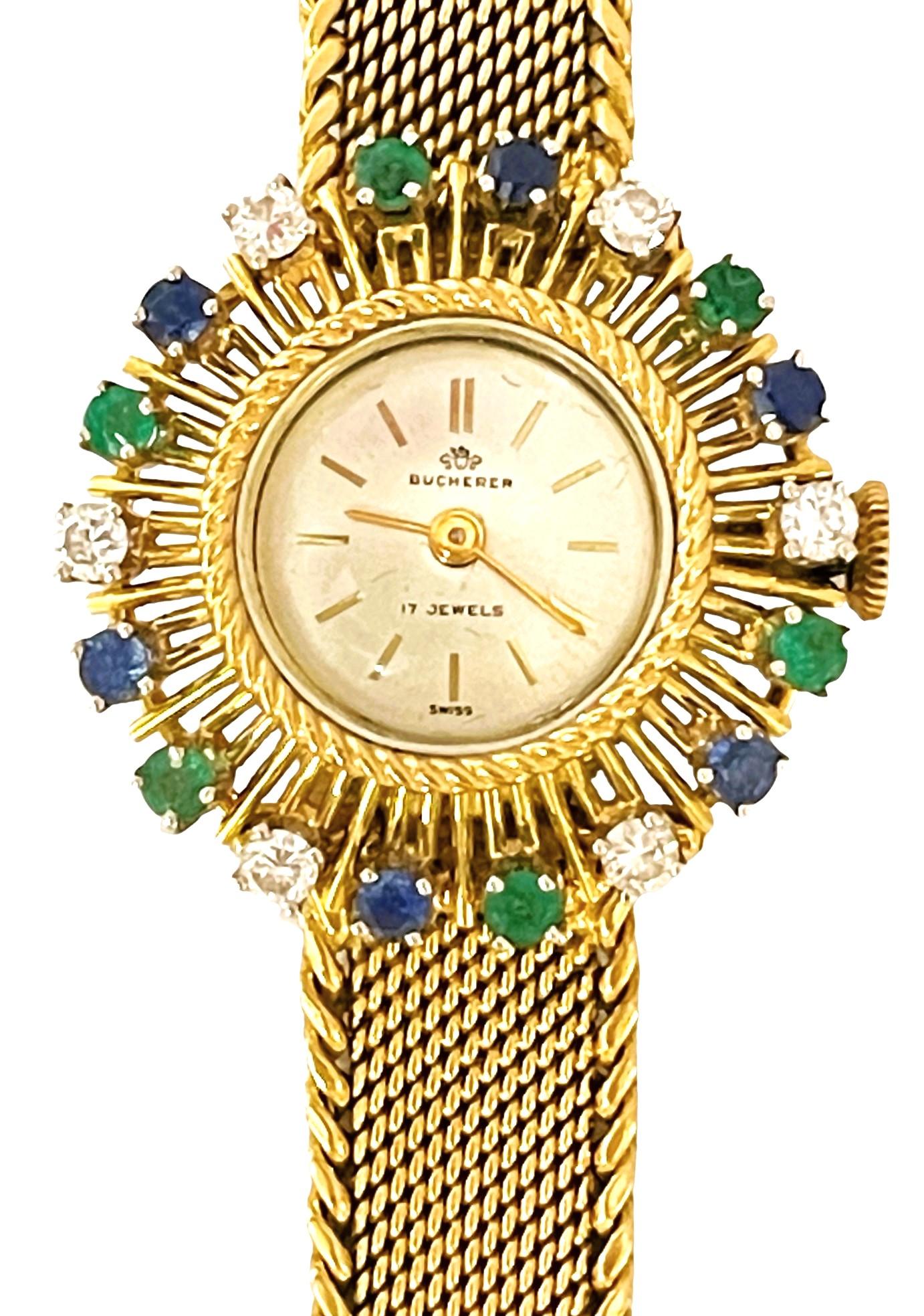 18k Bucherer Quartz Watch with Diamonds, Sapphires & Emeralds with GIA Appraisal In Excellent Condition In Eagan, MN