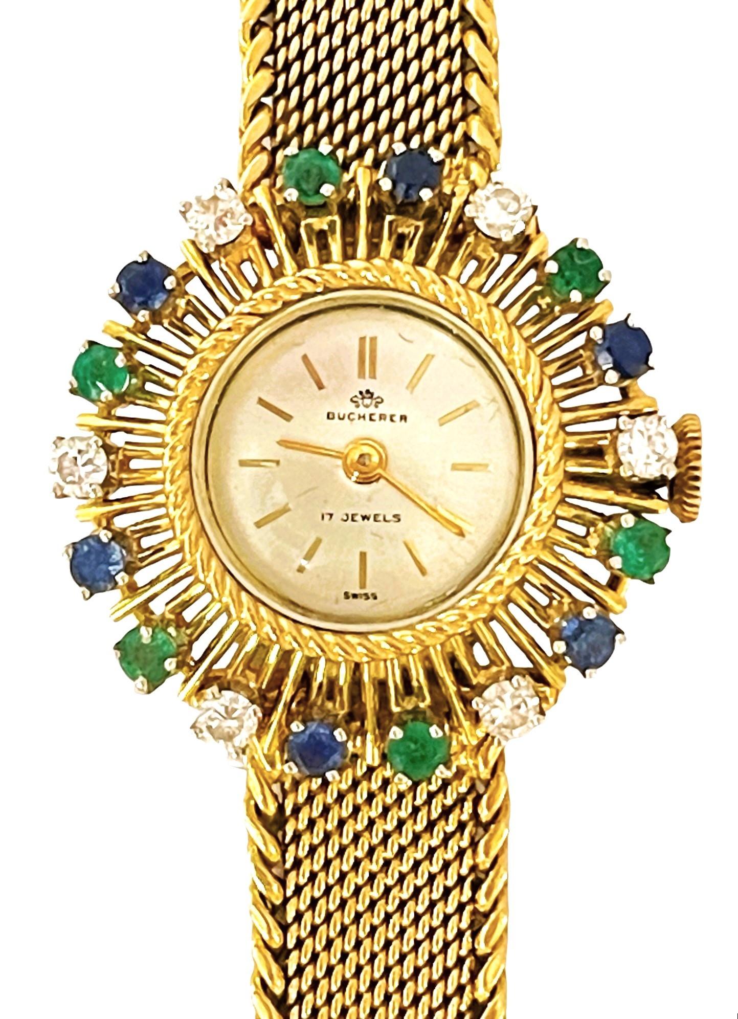 Women's 18k Bucherer Quartz Watch with Diamonds, Sapphires & Emeralds with GIA Appraisal