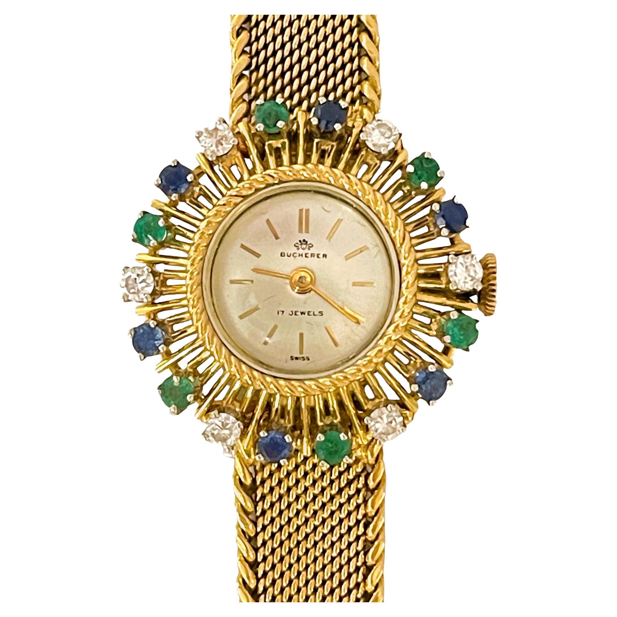 18k Bucherer Quartz Watch with Diamonds, Sapphires & Emeralds with GIA Appraisal