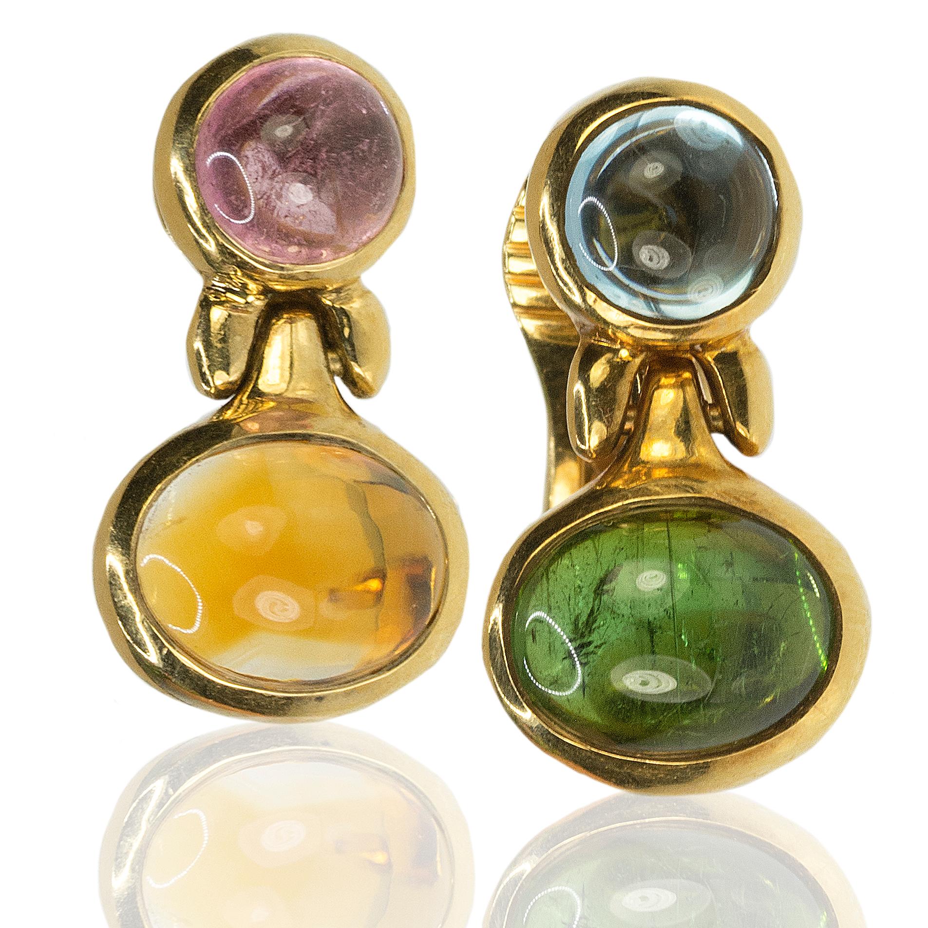18k Bulgari multi gemstone earrings with cabochon tourmaline, aquamarine, citrine and amethyst. 13.62g