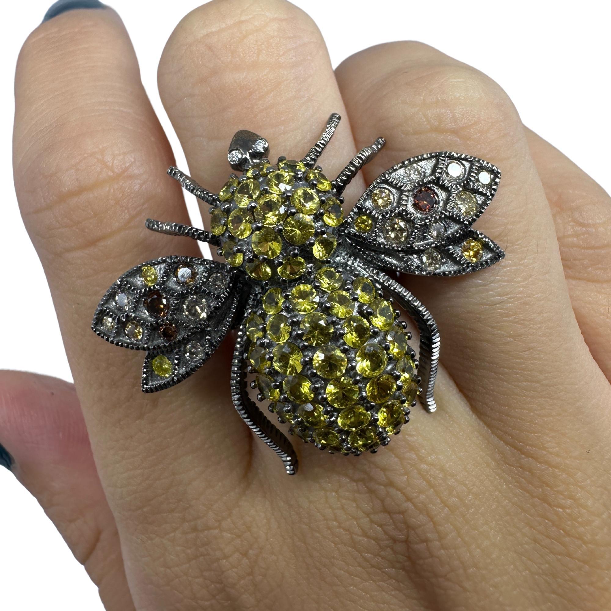 18K Bumble Bee Diamond and Yellow Sapphire Cocktail Ring For Sale 1