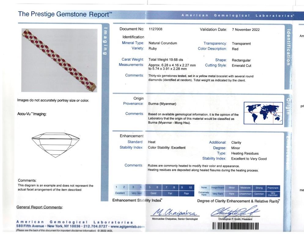 27,72 Karat Burma-Rubin- und Diamant-Armband AGL-zertifiziert insgesamt 18k Gelbgold im Zustand „Neu“ im Angebot in Houston, TX