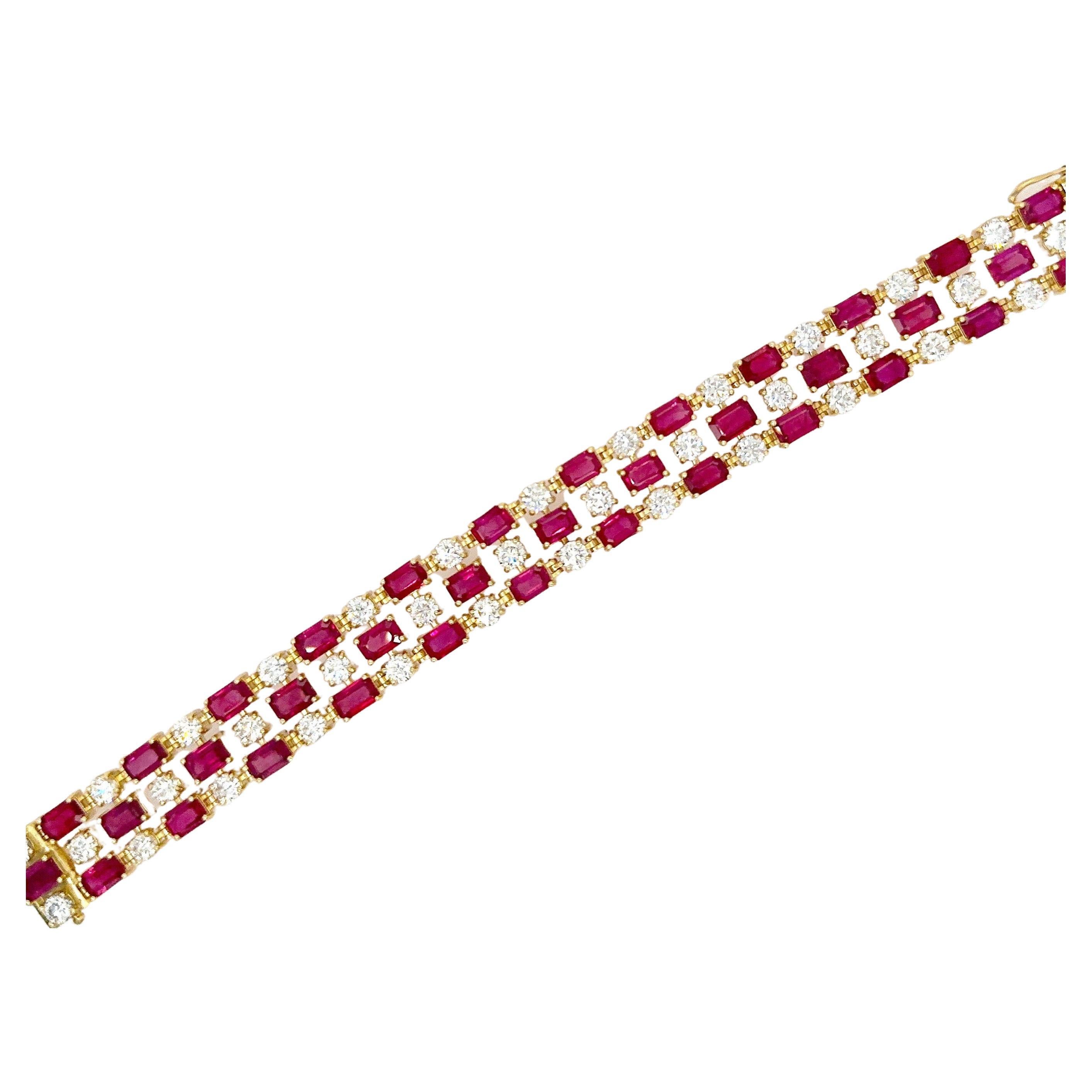 27.72 Carat Burma Ruby and Diamond Bracelet AGL Certified Total 18k Yellow Gold For Sale