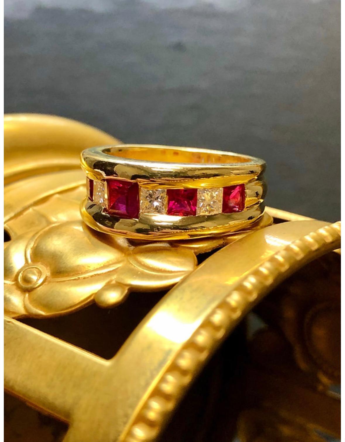 Contemporary 18K Burmese Ruby Princess Cut Diamond Band For Sale