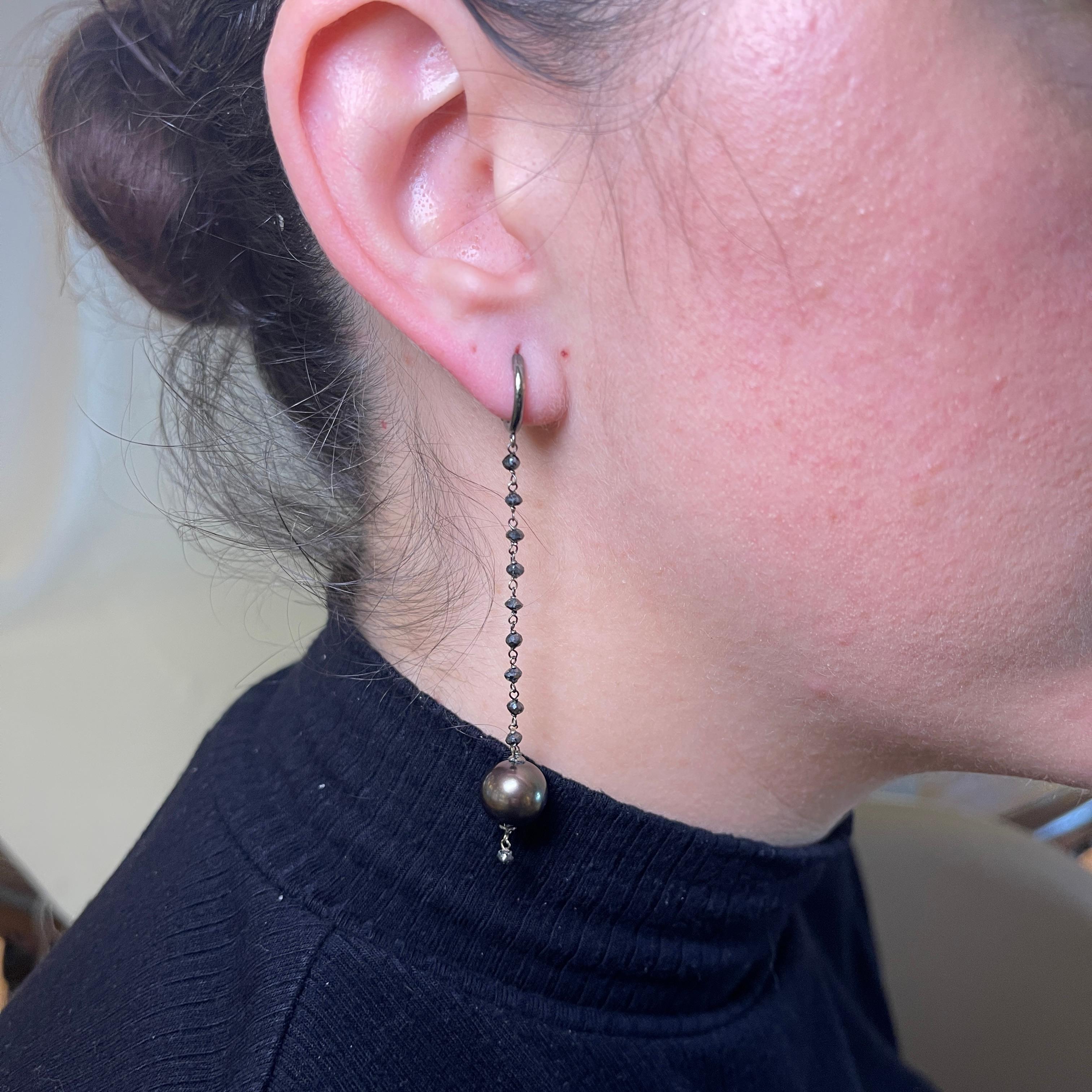 Women's or Men's 18K Burnished White Gold Drop Earrings with Black Diamonds For Sale