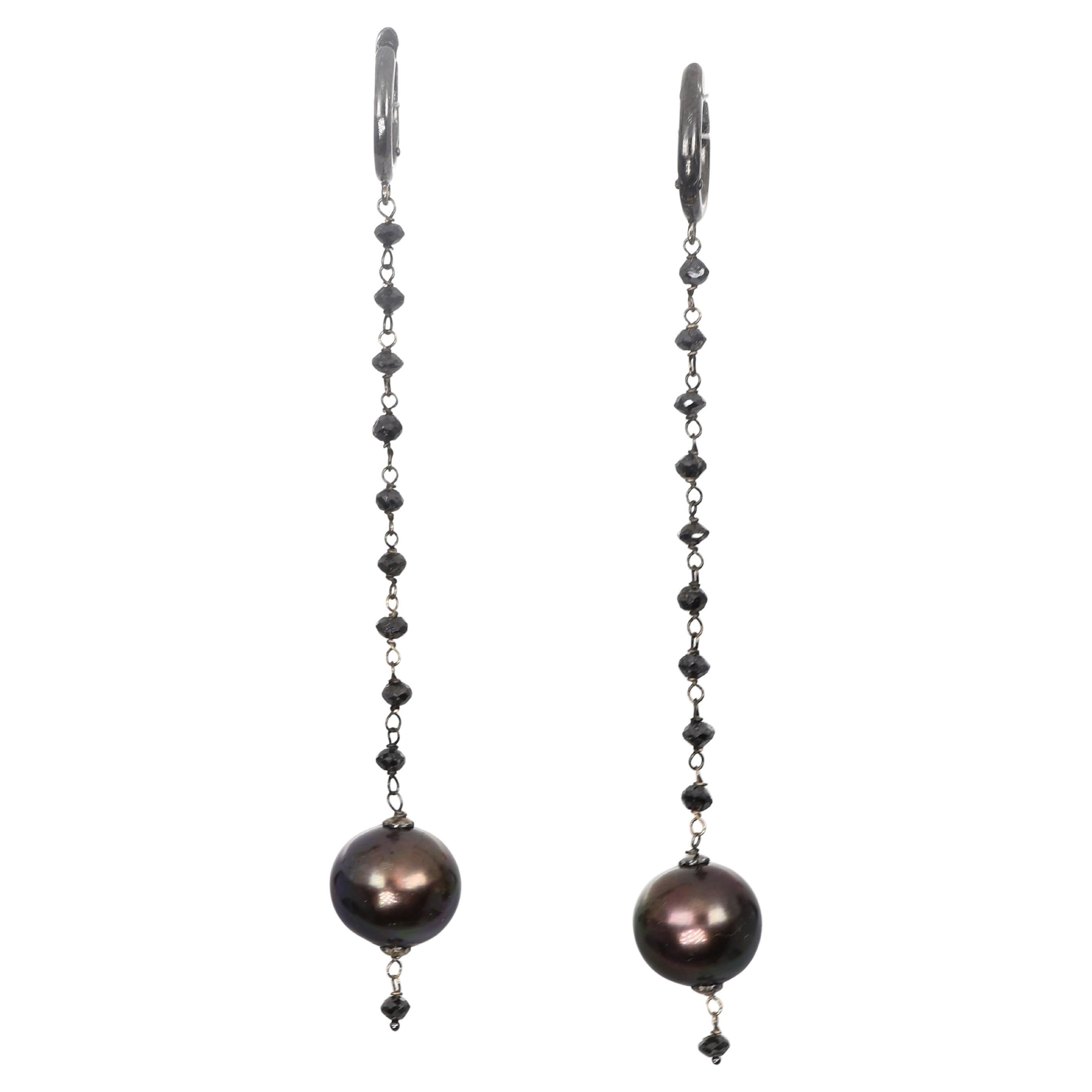 18K Burnished White Gold Drop Earrings with Black Diamonds