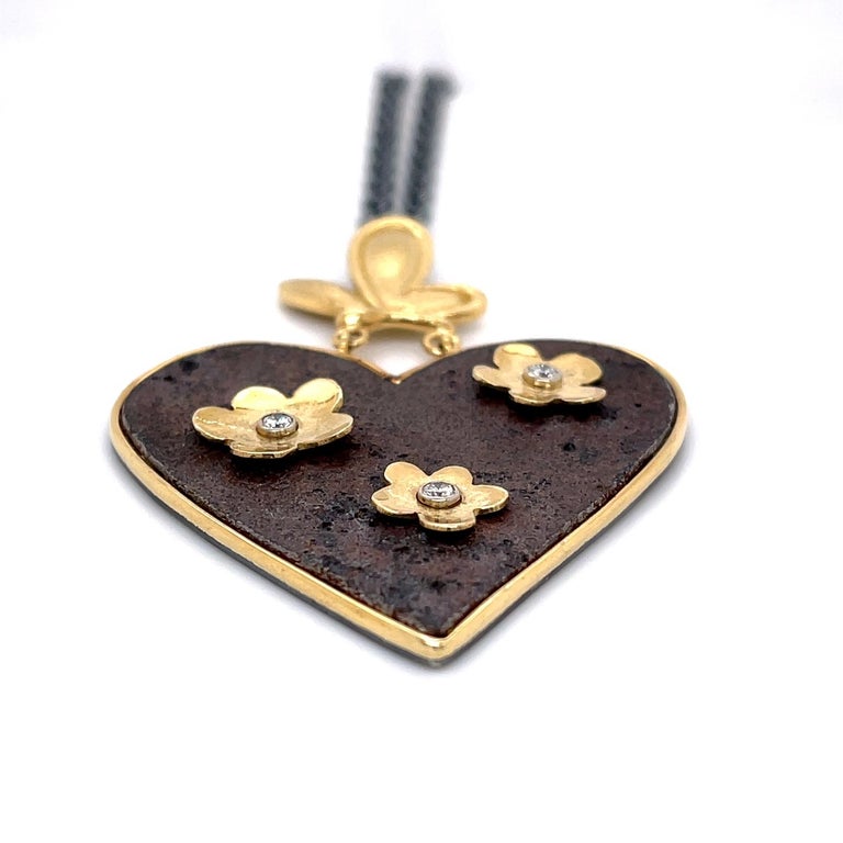 18k Butterfly and Flower Heart Necklace with Rusted Iron and Sterling