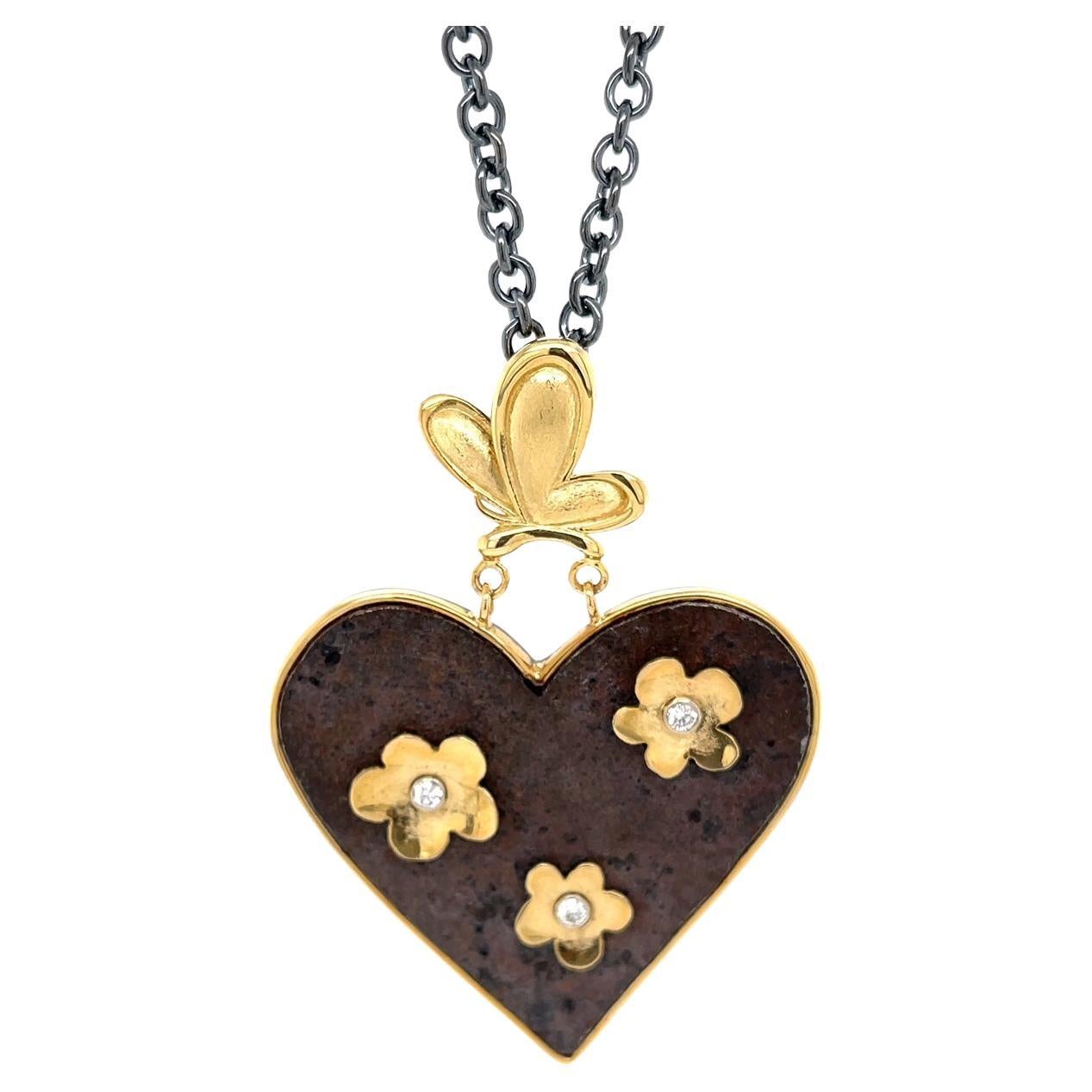 18k Butterfly and Flower Heart Necklace with Rusted Iron and Sterling Silver