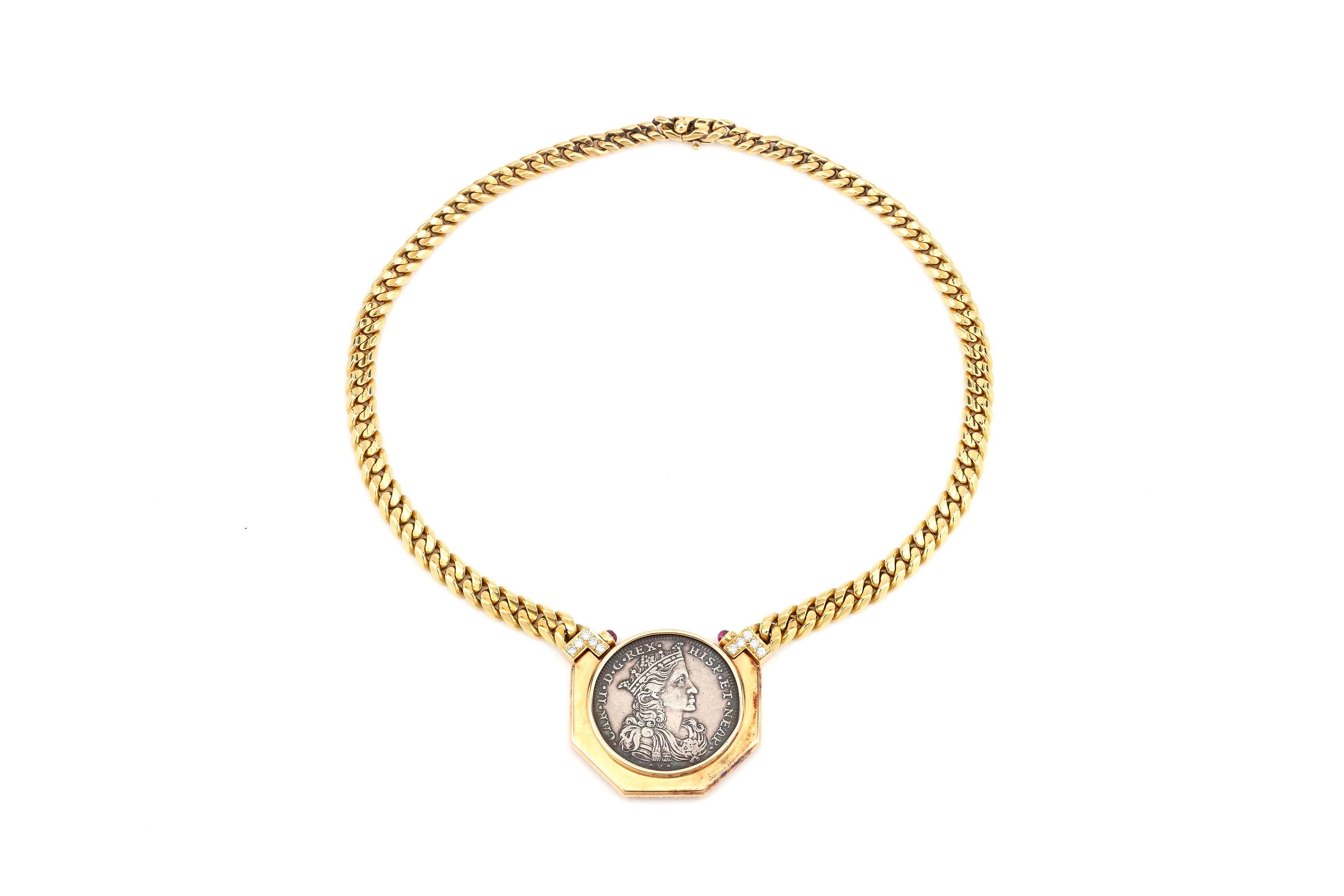 The necklace is finely crafted in 18k yellow gold with coin pendant,

Sign Bvlgari