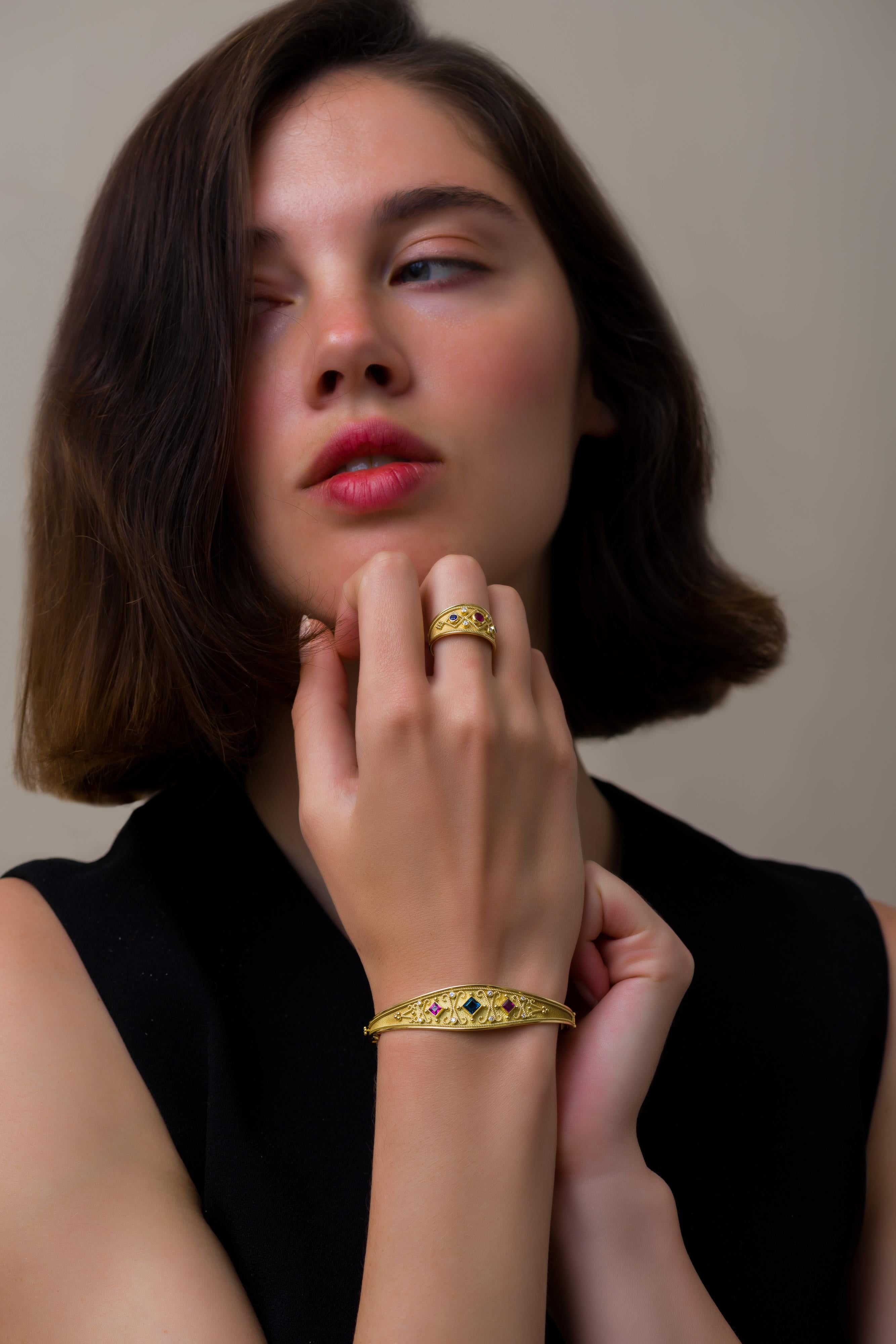 Women's 18K Byzantine Gold Bracelet with Rhodolite Topaz and Diamonds For Sale