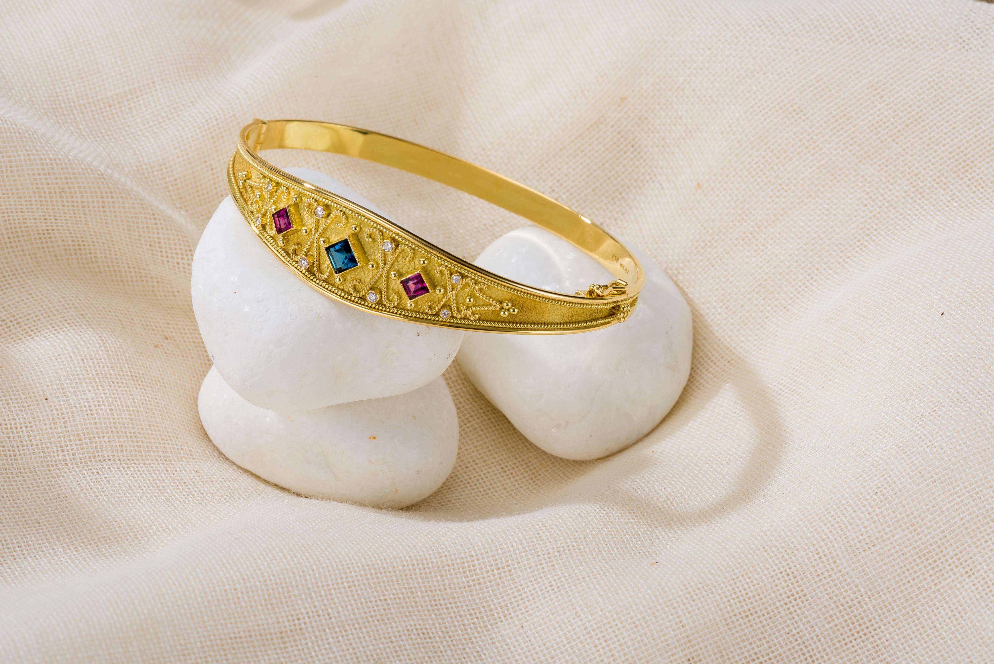 18K Byzantine Gold Bracelet with Rhodolite Topaz and Diamonds For Sale 1