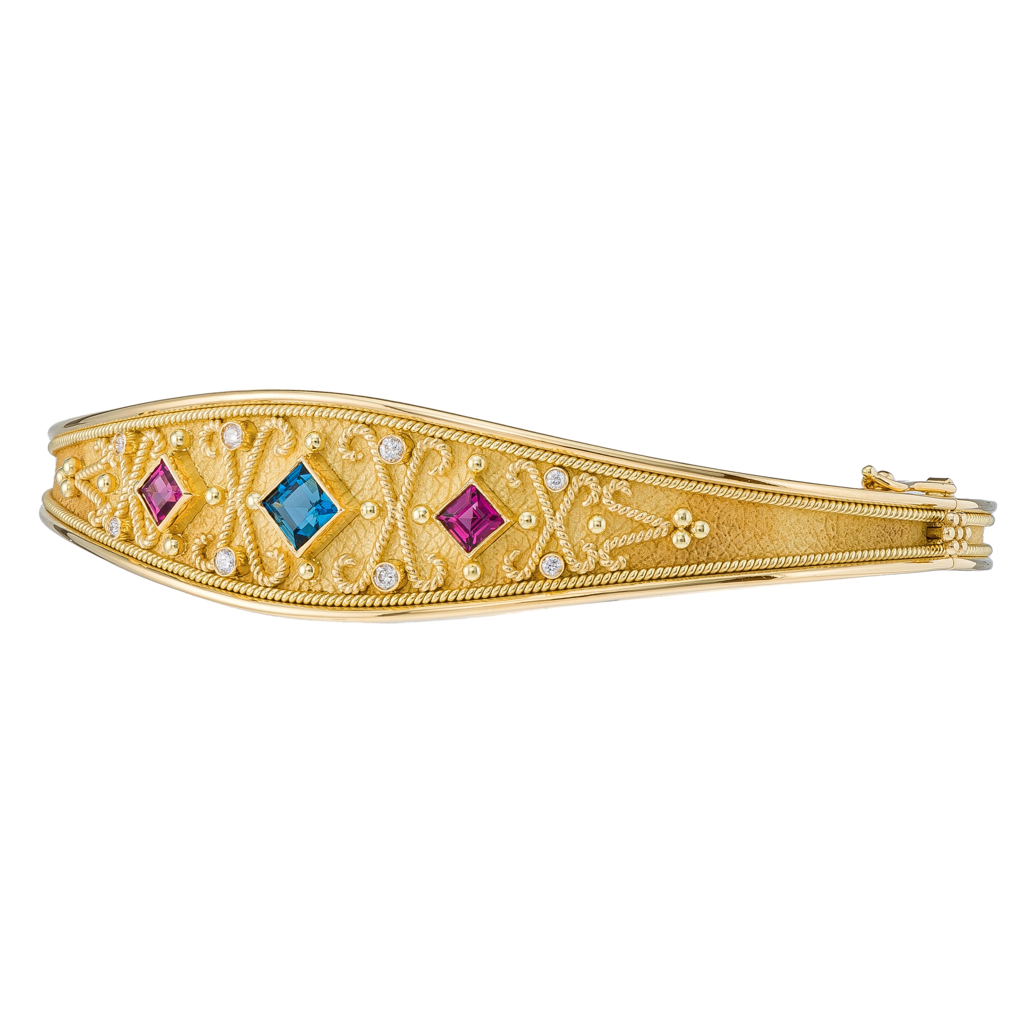 18K Byzantine Gold Bracelet with Rhodolite Topaz and Diamonds For Sale 2