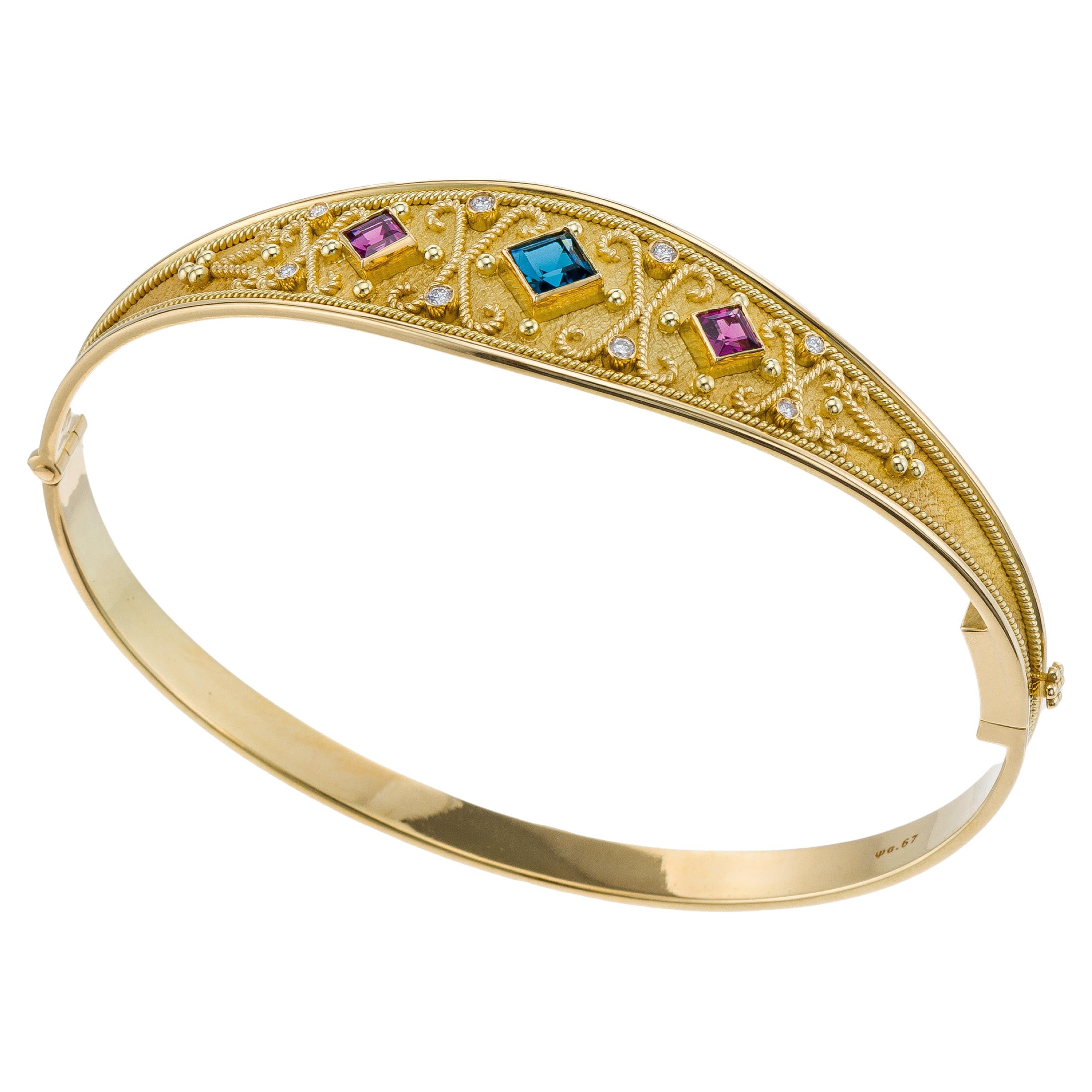 18K Byzantine Gold Bracelet with Rhodolite Topaz and Diamonds For Sale