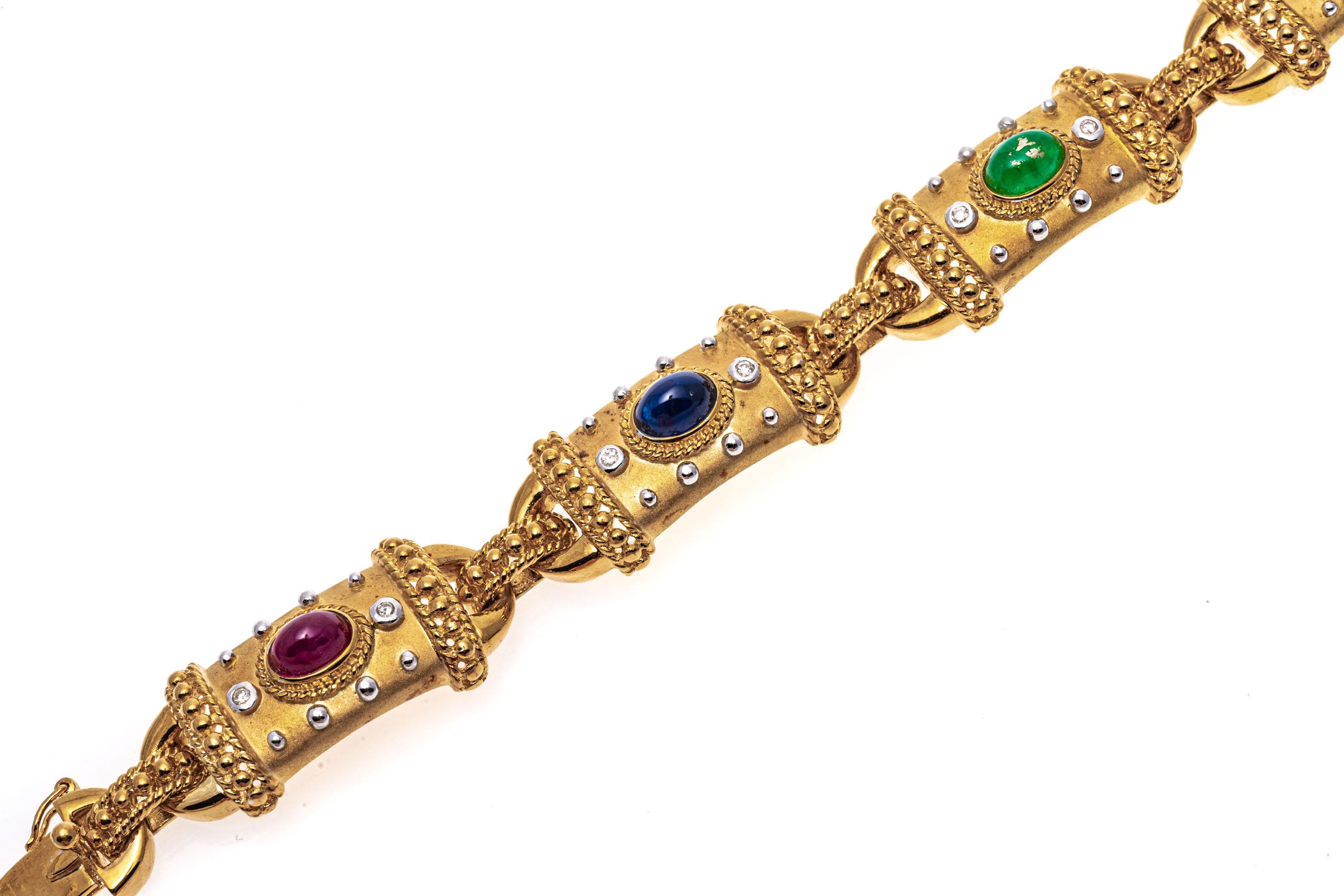 18k Cabachon Ruby, Emerald, Sapphire and Diamond Link Bracelet 5