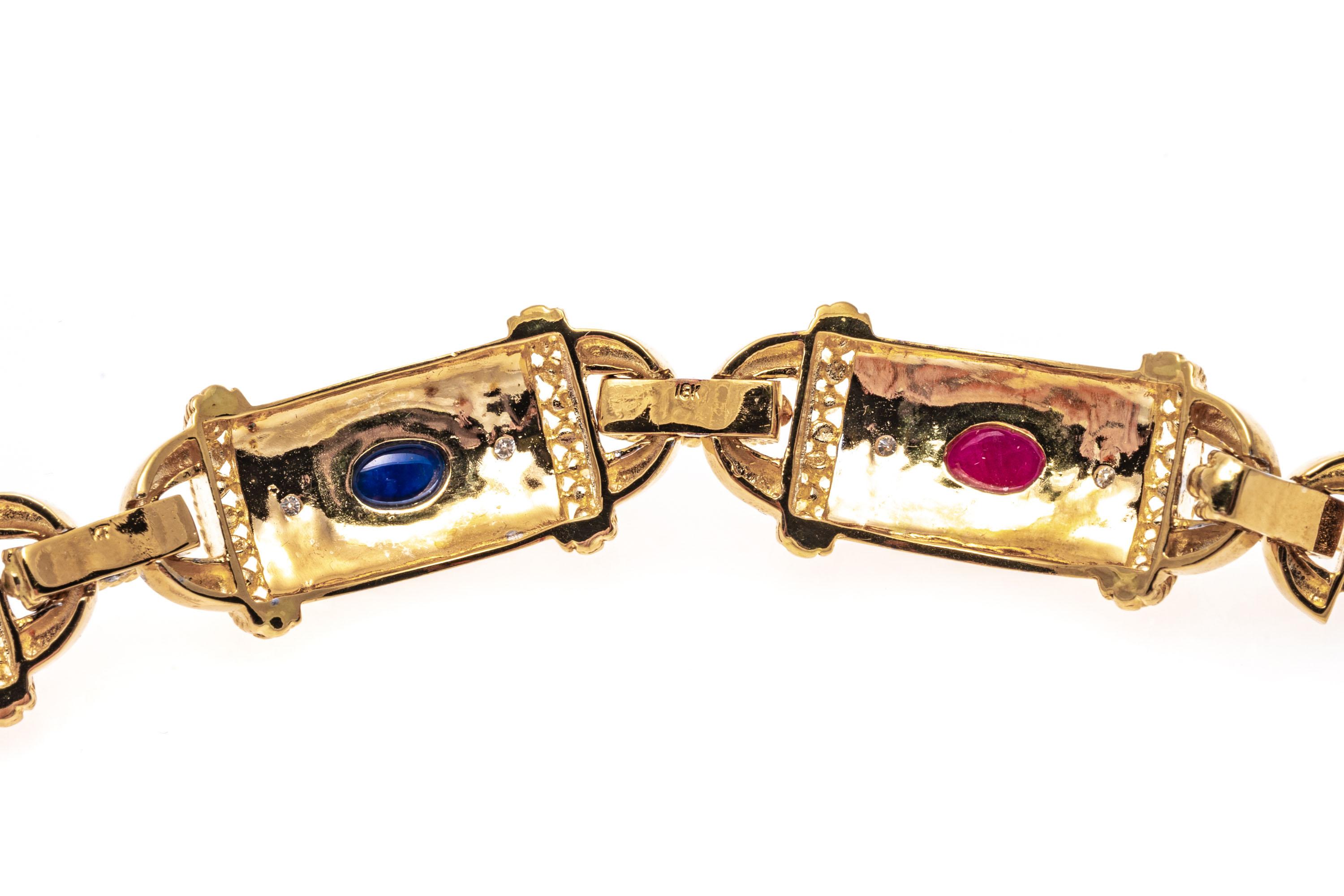 Cabochon 18k Cabachon Ruby, Emerald, Sapphire and Diamond Link Bracelet