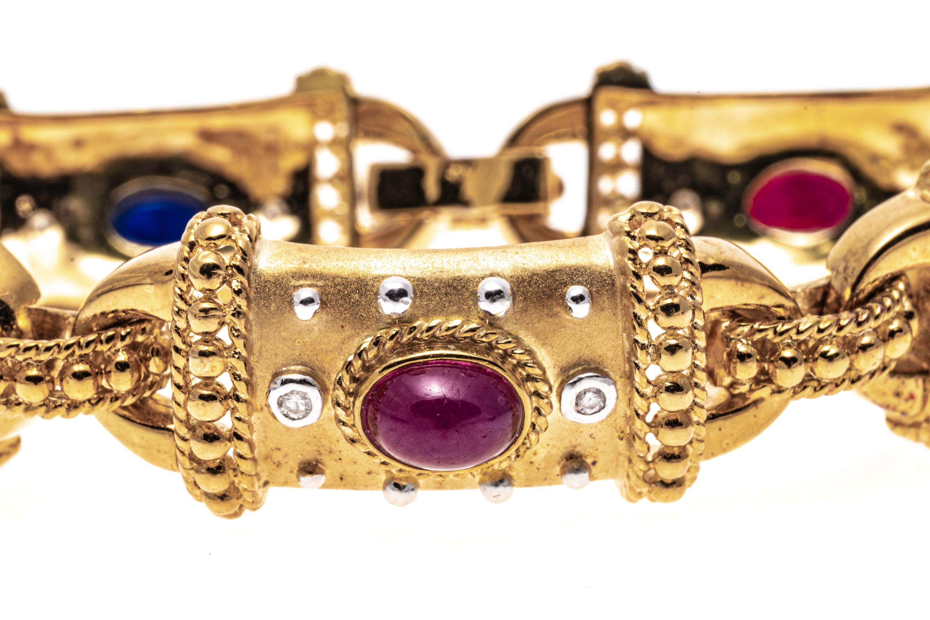 18k Cabachon Ruby, Emerald, Sapphire and Diamond Link Bracelet In Good Condition In Southport, CT