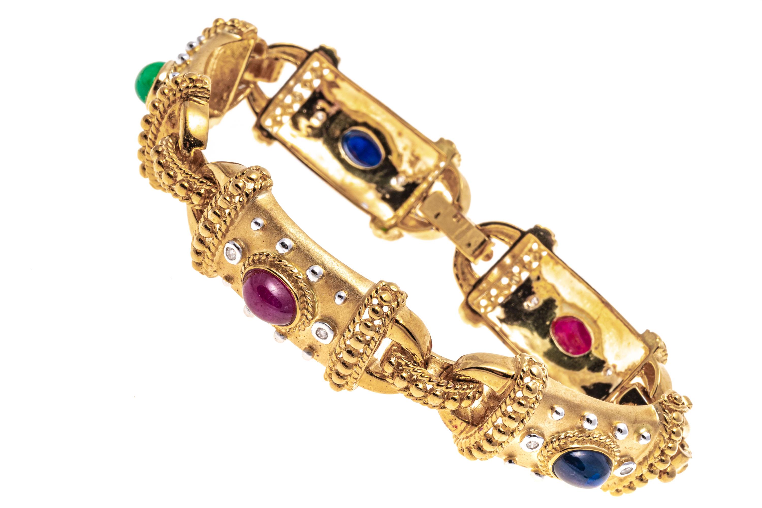 Women's 18k Cabachon Ruby, Emerald, Sapphire and Diamond Link Bracelet