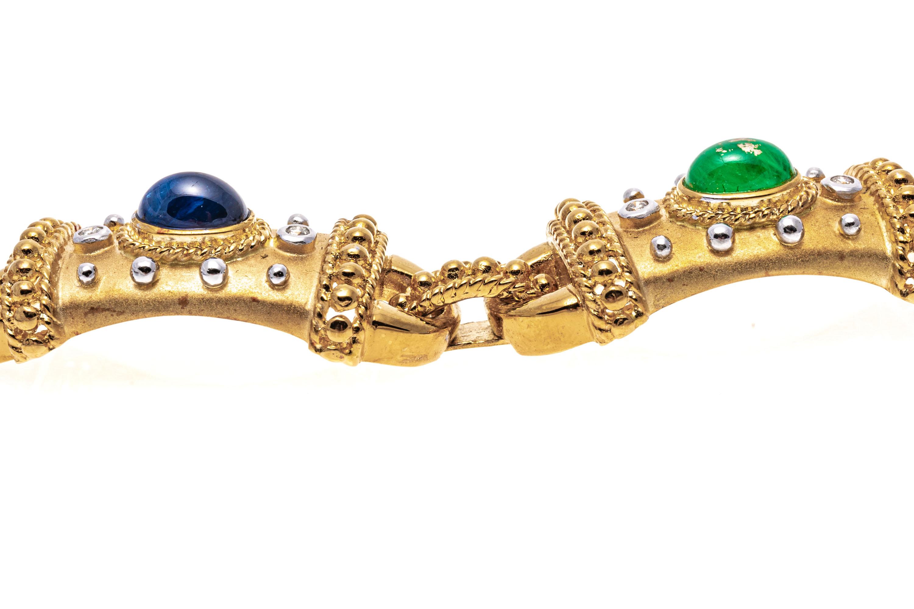 18k Cabachon Ruby, Emerald, Sapphire and Diamond Link Bracelet 2