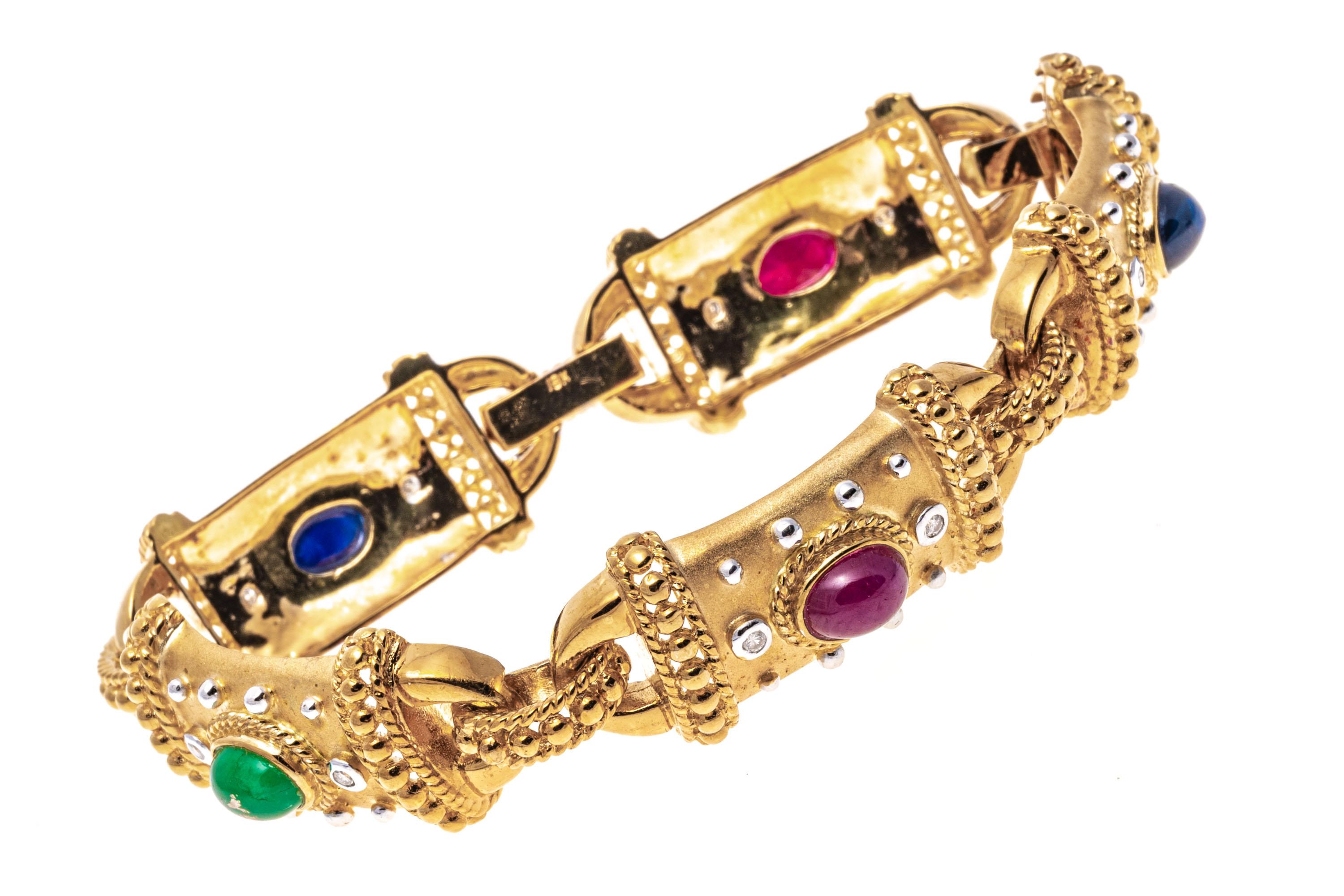 18k Cabachon Ruby, Emerald, Sapphire and Diamond Link Bracelet 3