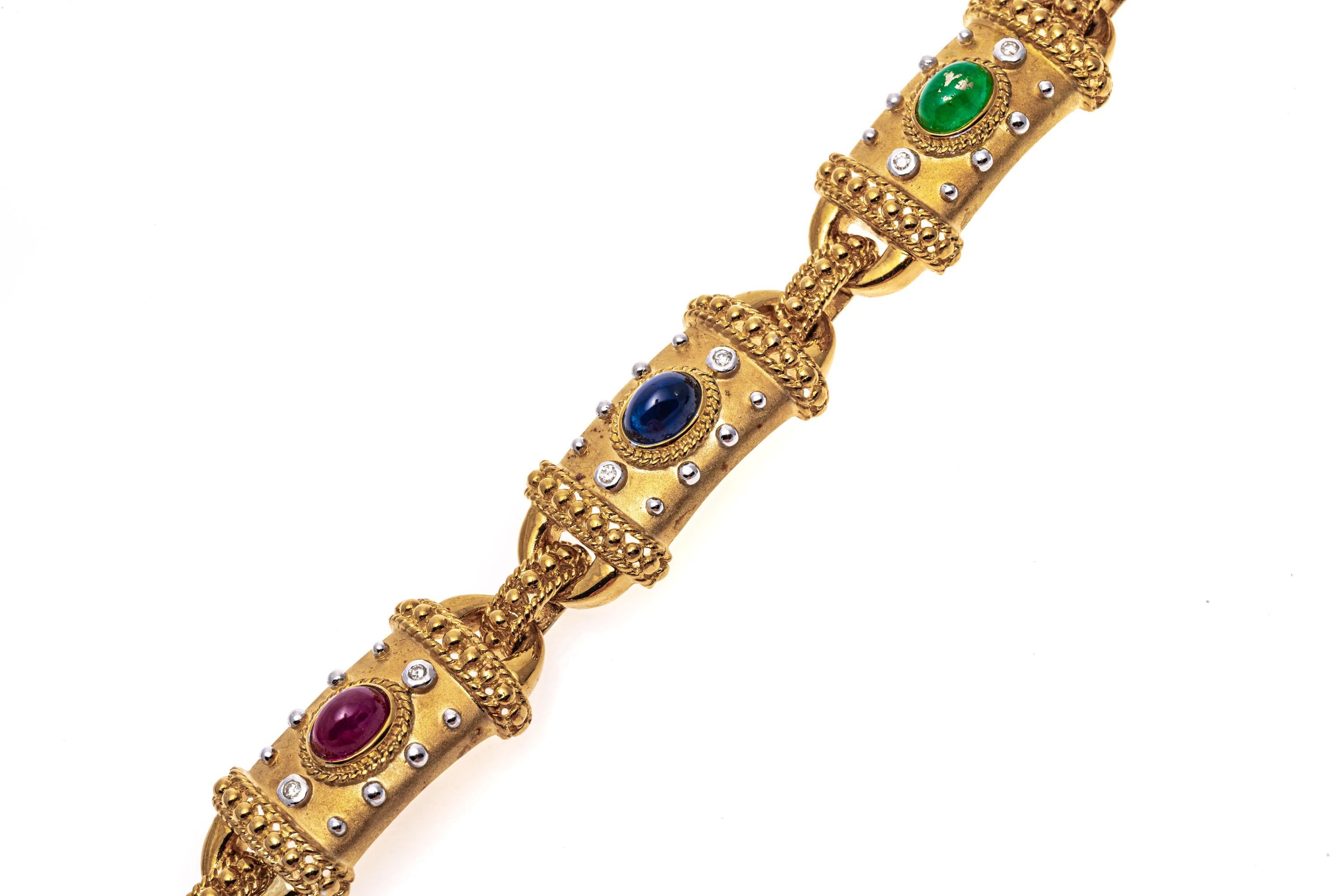 18k Cabachon Ruby, Emerald, Sapphire and Diamond Link Bracelet 4