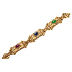 18k Cabachon Ruby, Emerald, Sapphire and Diamond Link Bracelet