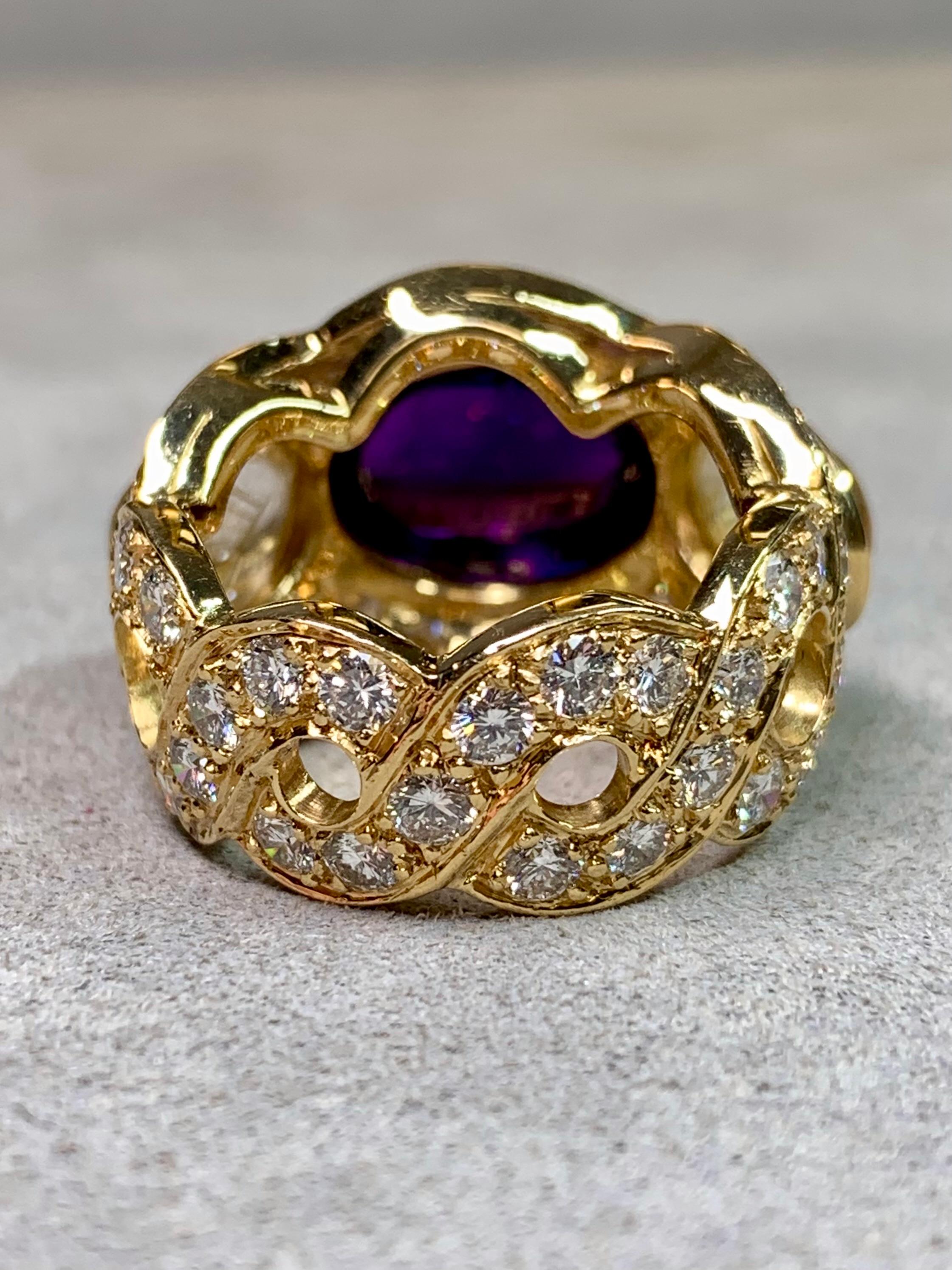 Contemporain 18K Améthyste Cabochon Quartz Rutilé Diamant Eternité Bague Cocktail Lourde F Vs en vente