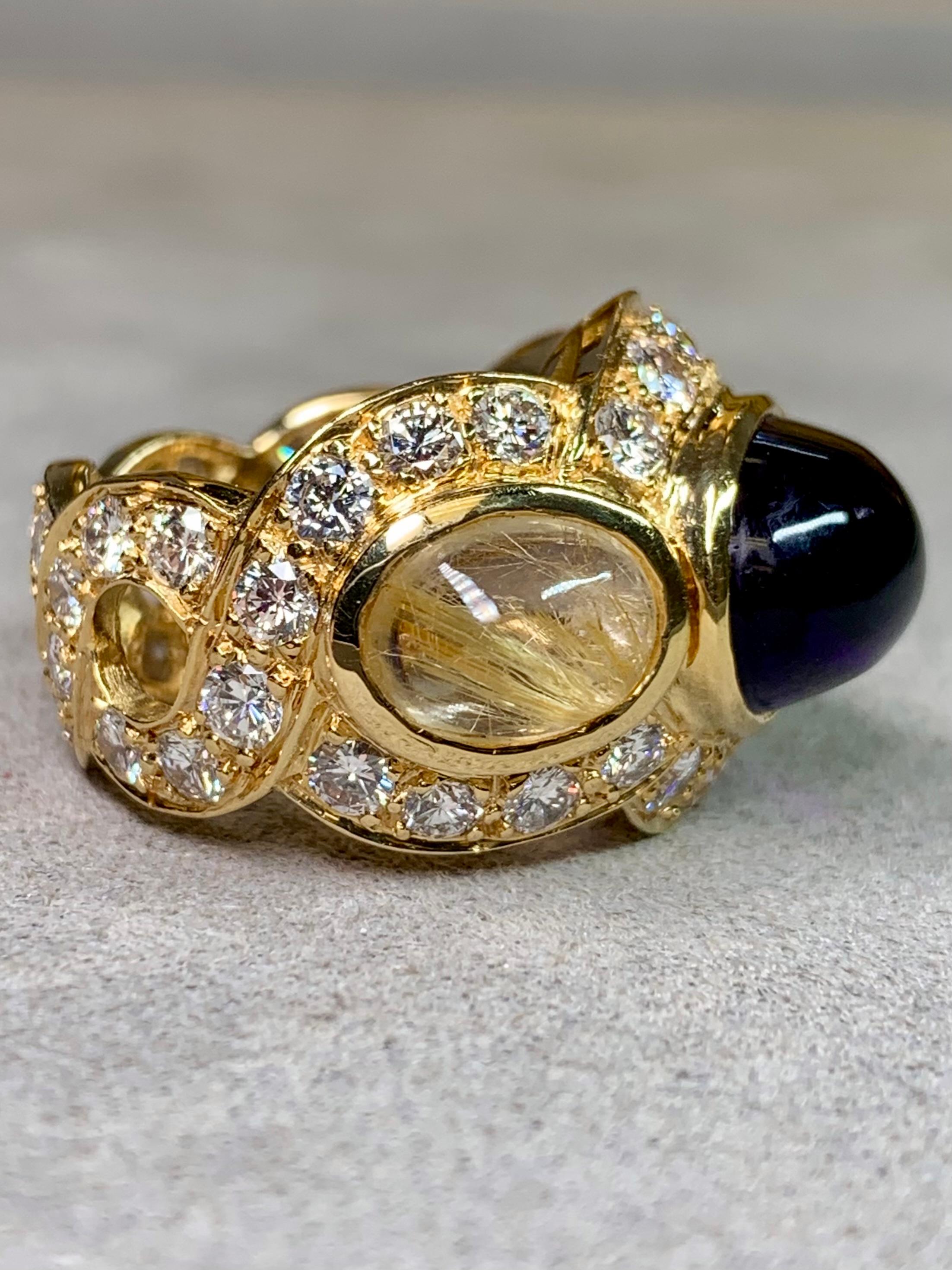 Taille ronde 18K Améthyste Cabochon Quartz Rutilé Diamant Eternité Bague Cocktail Lourde F Vs en vente