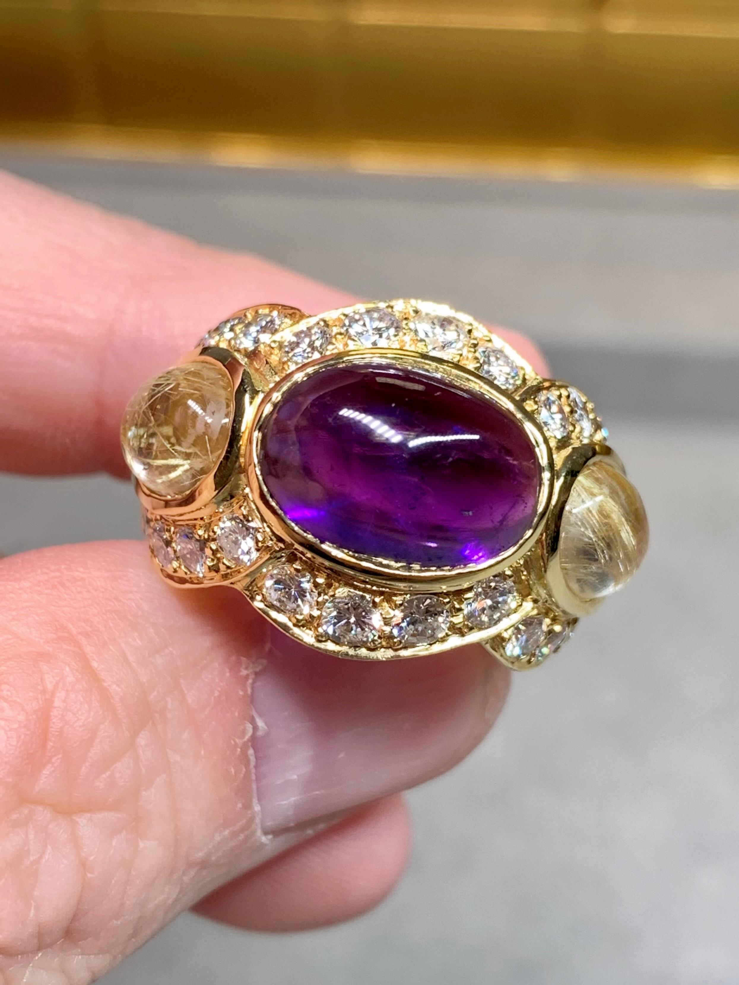18K Améthyste Cabochon Quartz Rutilé Diamant Eternité Bague Cocktail Lourde F Vs Bon état - En vente à Winter Springs, FL