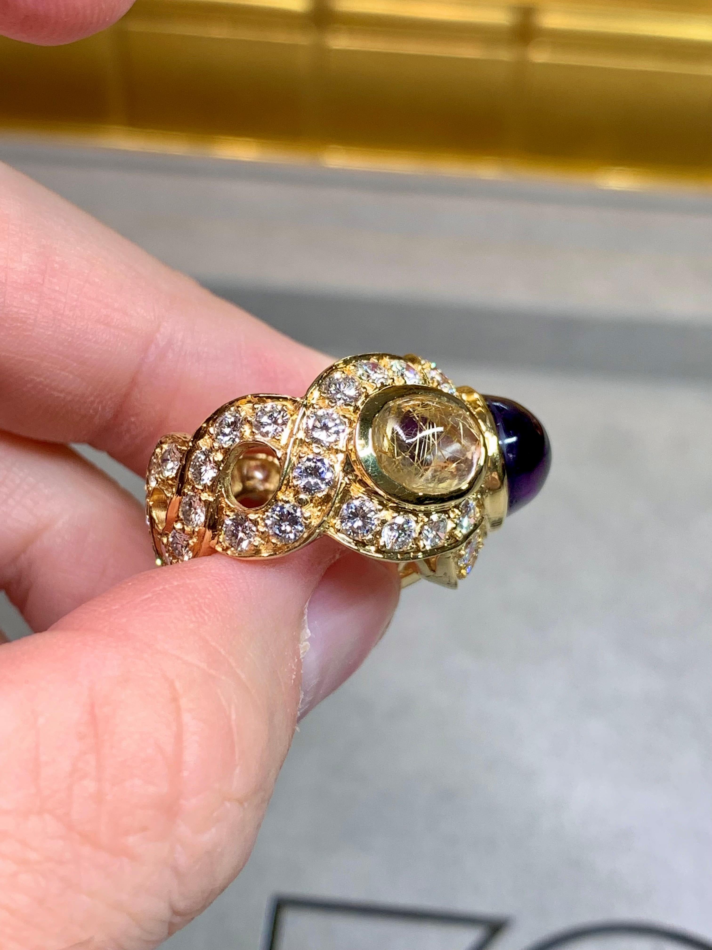 18K Améthyste Cabochon Quartz Rutilé Diamant Eternité Bague Cocktail Lourde F Vs Unisexe en vente