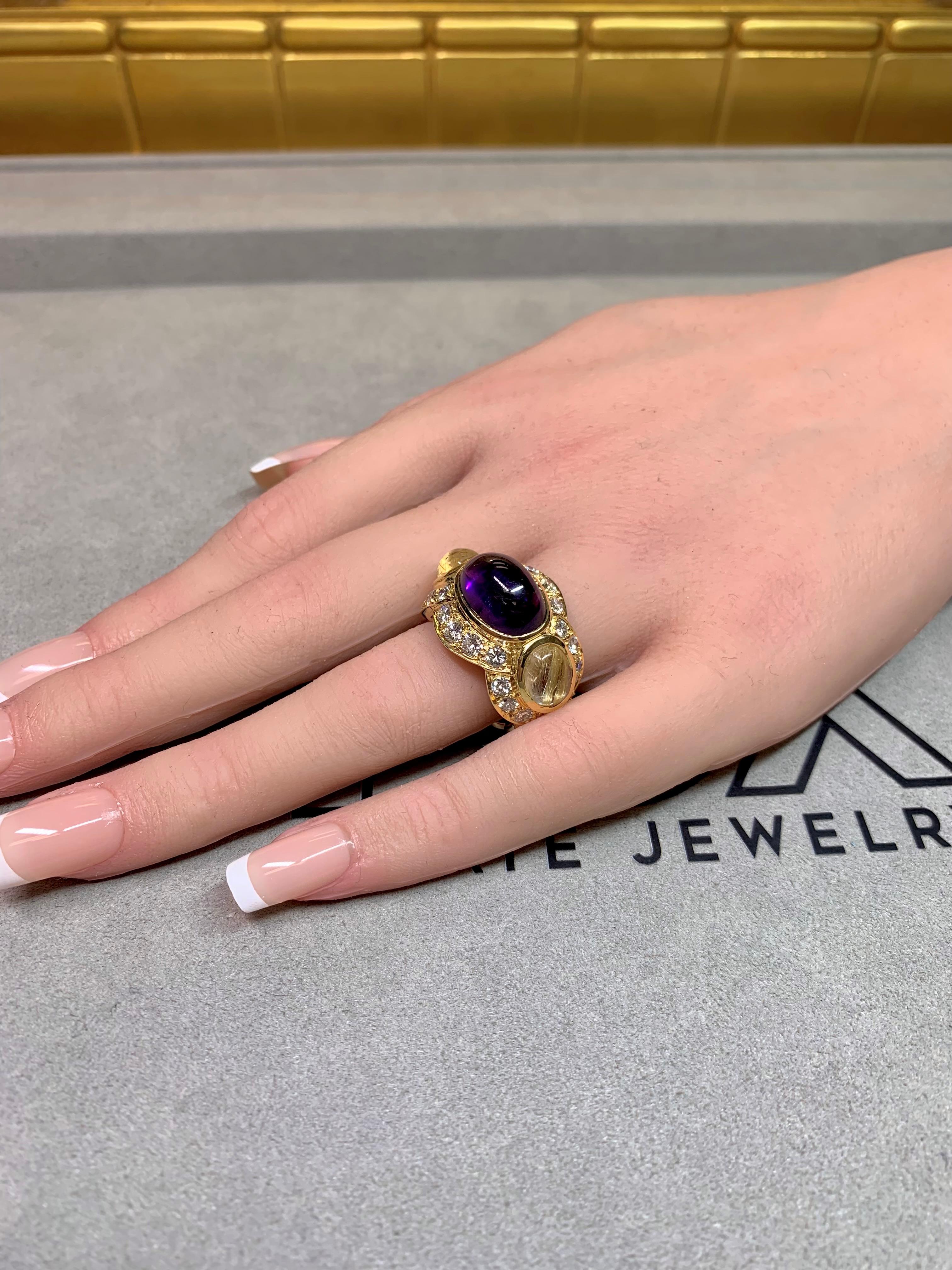 18K Améthyste Cabochon Quartz Rutilé Diamant Eternité Bague Cocktail Lourde F Vs en vente 1