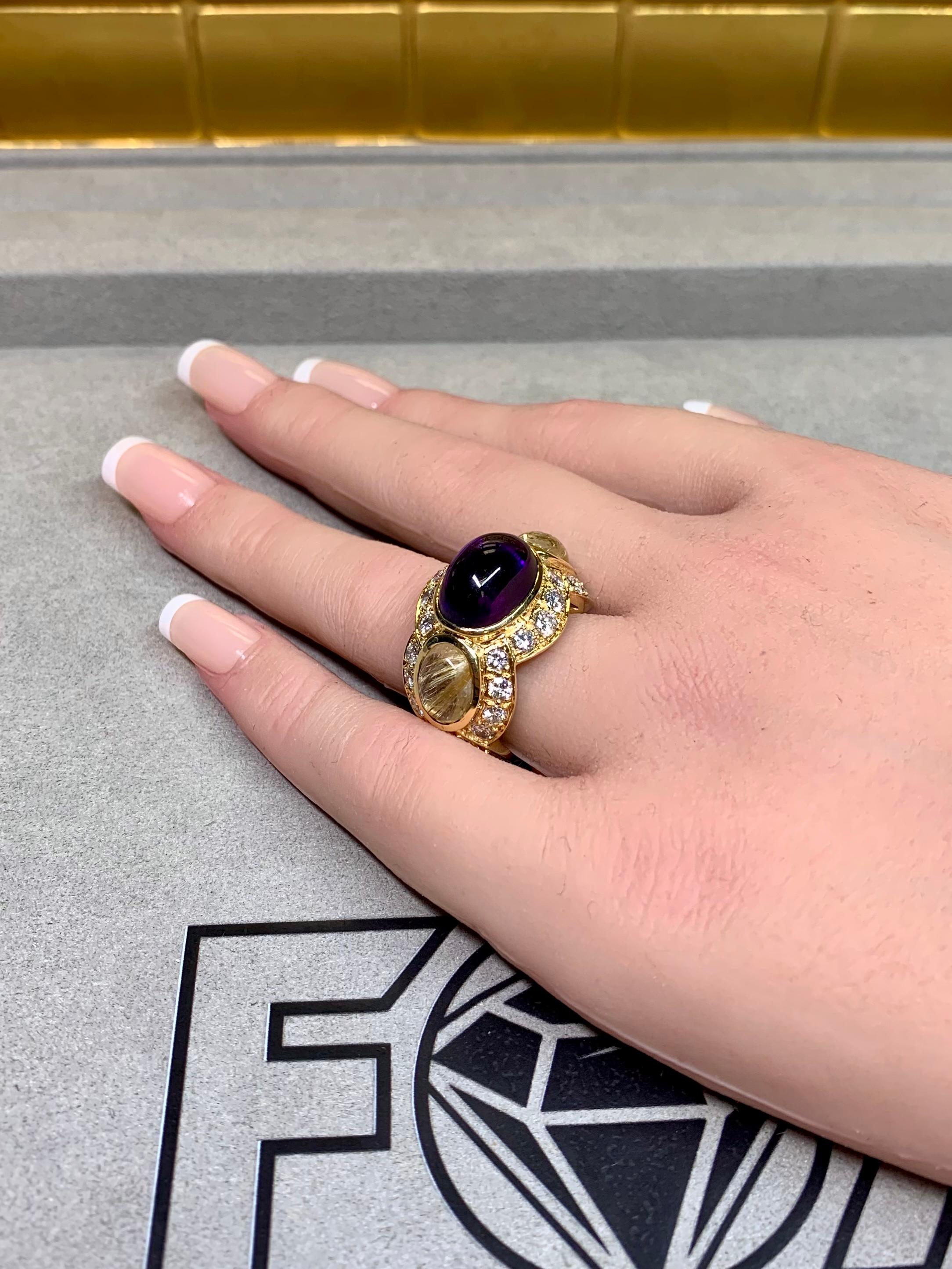 18K Améthyste Cabochon Quartz Rutilé Diamant Eternité Bague Cocktail Lourde F Vs en vente 2