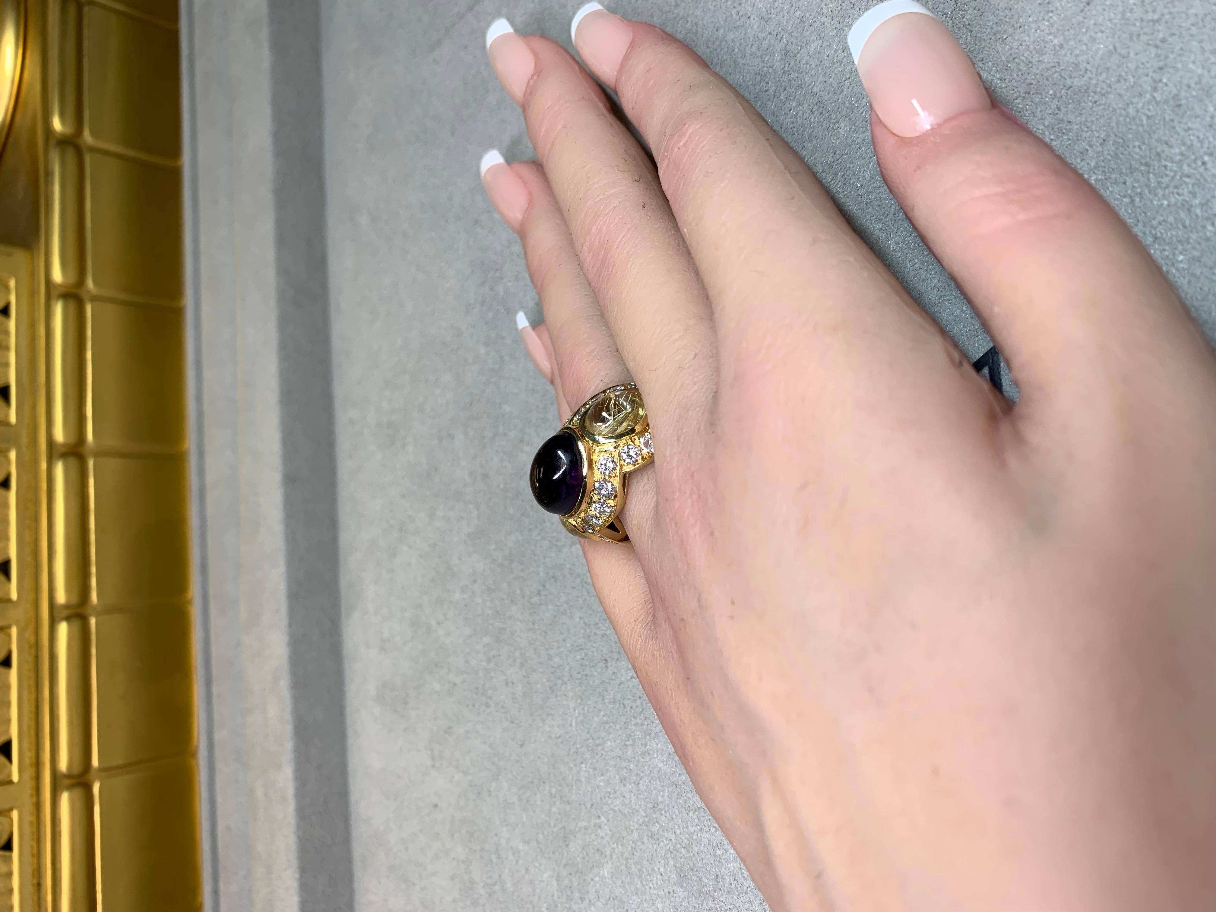 18K Améthyste Cabochon Quartz Rutilé Diamant Eternité Bague Cocktail Lourde F Vs en vente 3