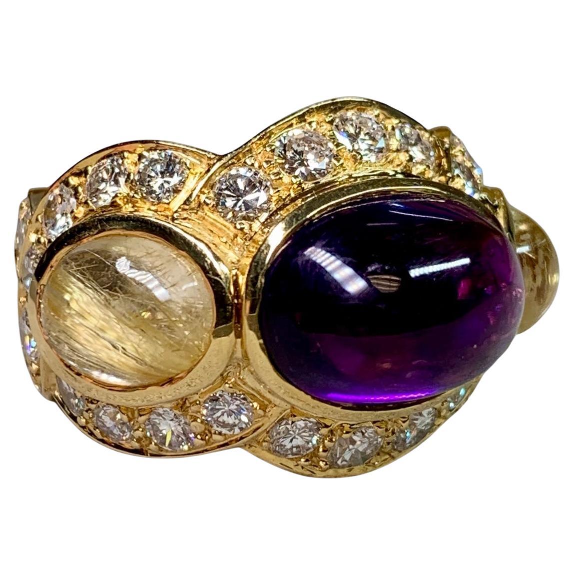18K Améthyste Cabochon Quartz Rutilé Diamant Eternité Bague Cocktail Lourde F Vs en vente