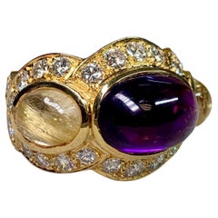 18K Cabochon Amethyst Rutilated Quartz Diamond Eternity Heavy Cocktail Ring F Vs