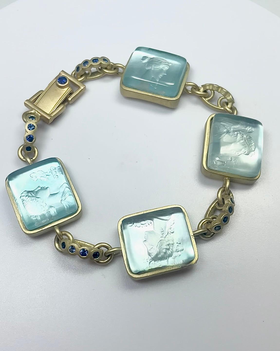 Contemporary 18k Cameo Blue Mother of Pearl Bracelet, Sapphire Links For Sale