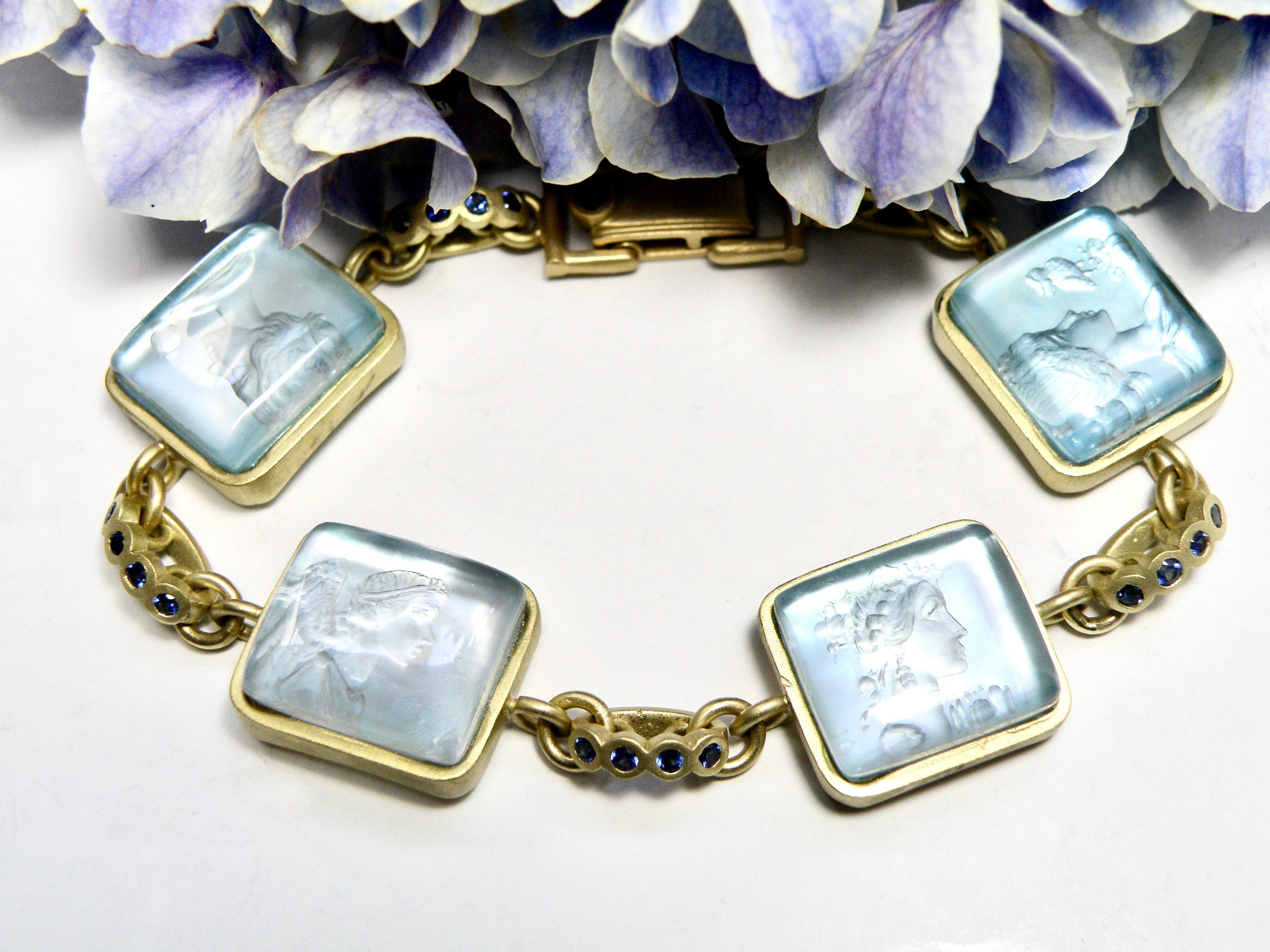 Mixed Cut 18k Cameo Blue Mother of Pearl Bracelet, Sapphire Links For Sale