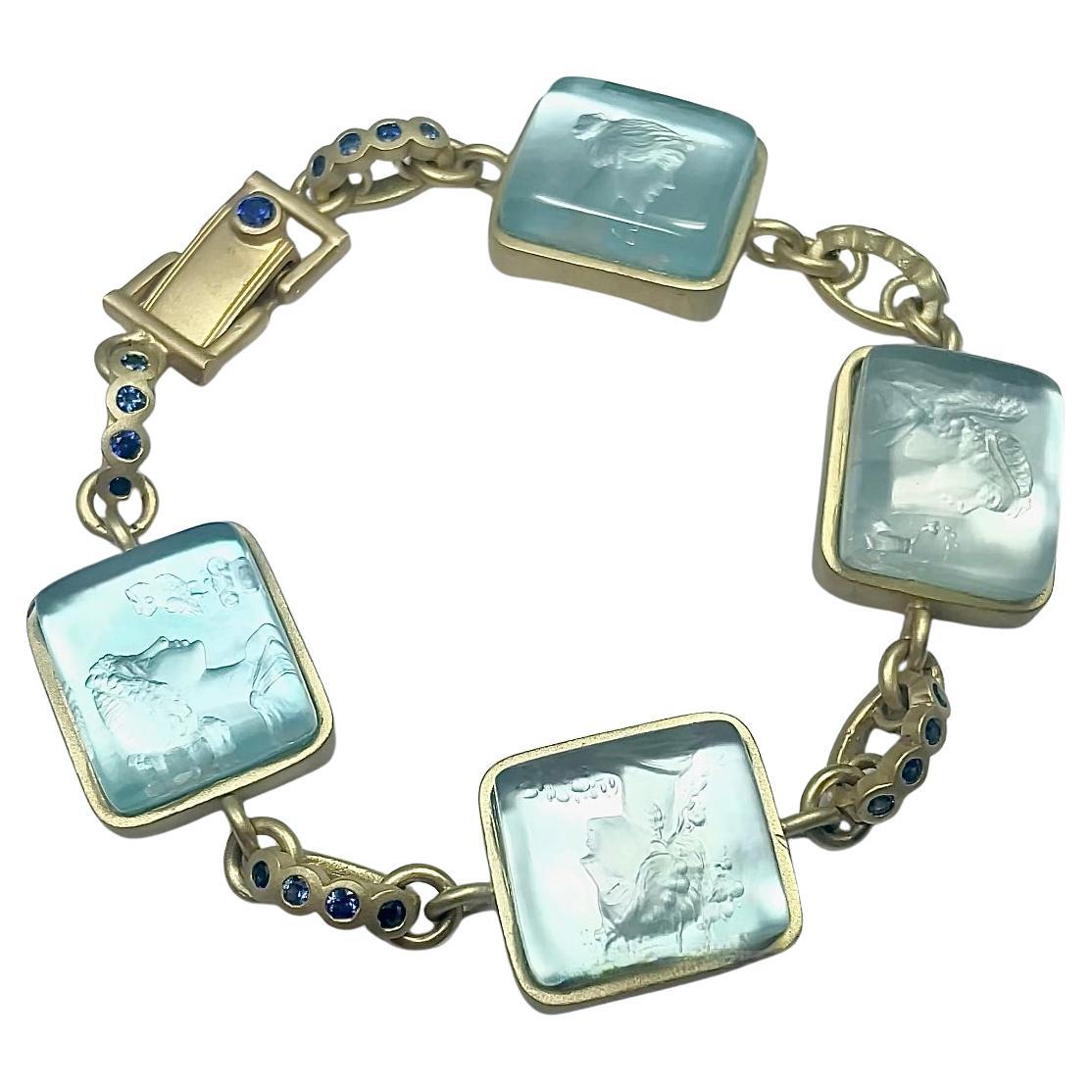 18k Cameo Blue Mother of Pearl Bracelet, Sapphire Links For Sale