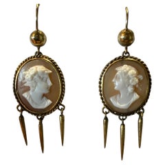 18K Cameo Shell Earrings w Gold tassels, C1860, Italy