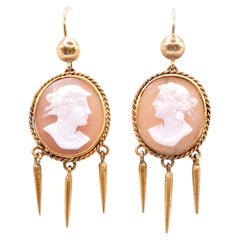 18K Cameo Shell Earrings w Gold tassels, C1860, Italy