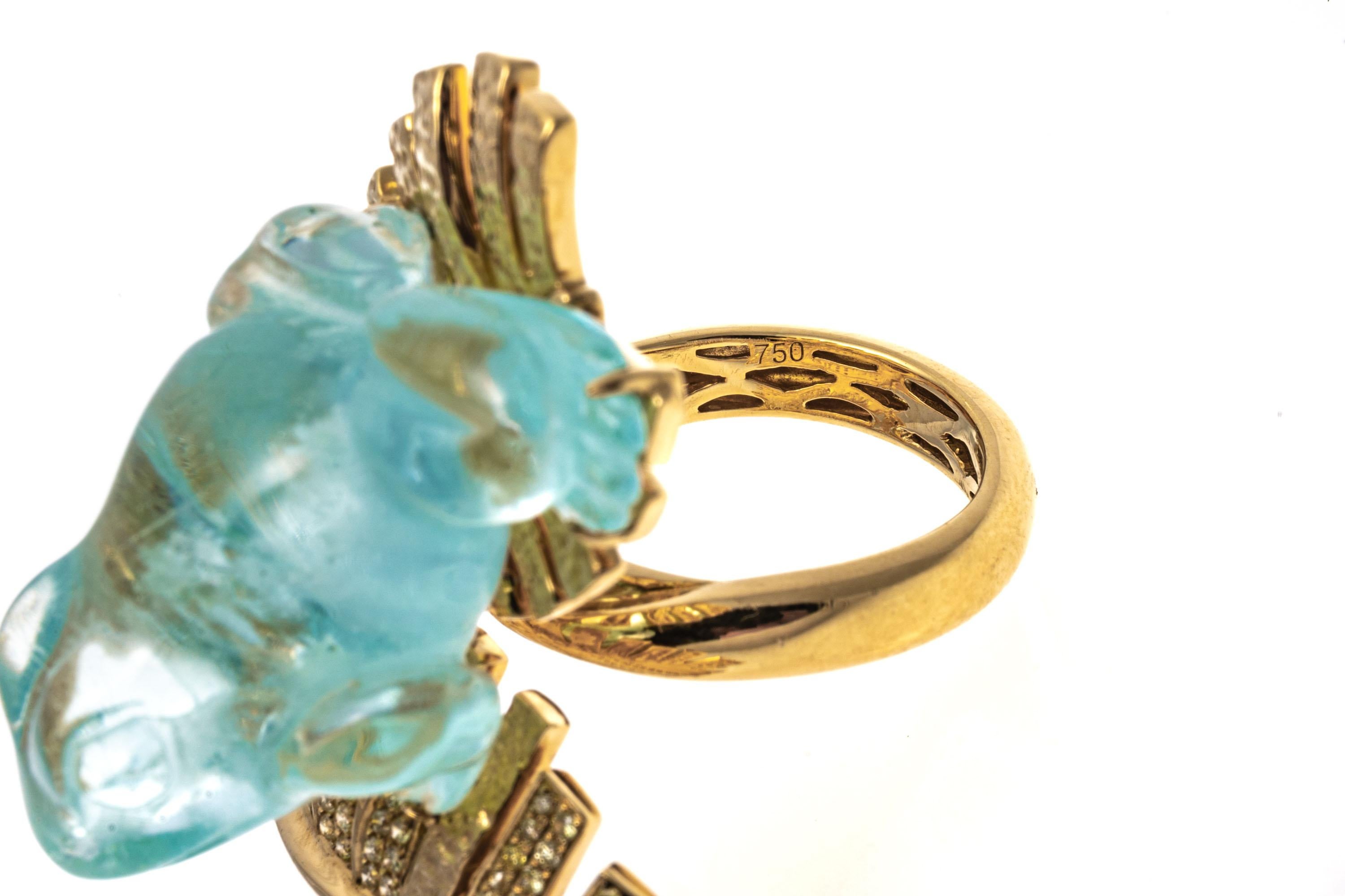 18K Yellow Gold Carved Figural Aquamarine Frog Ring with Diamonds, App. 0.60 TCW For Sale 4