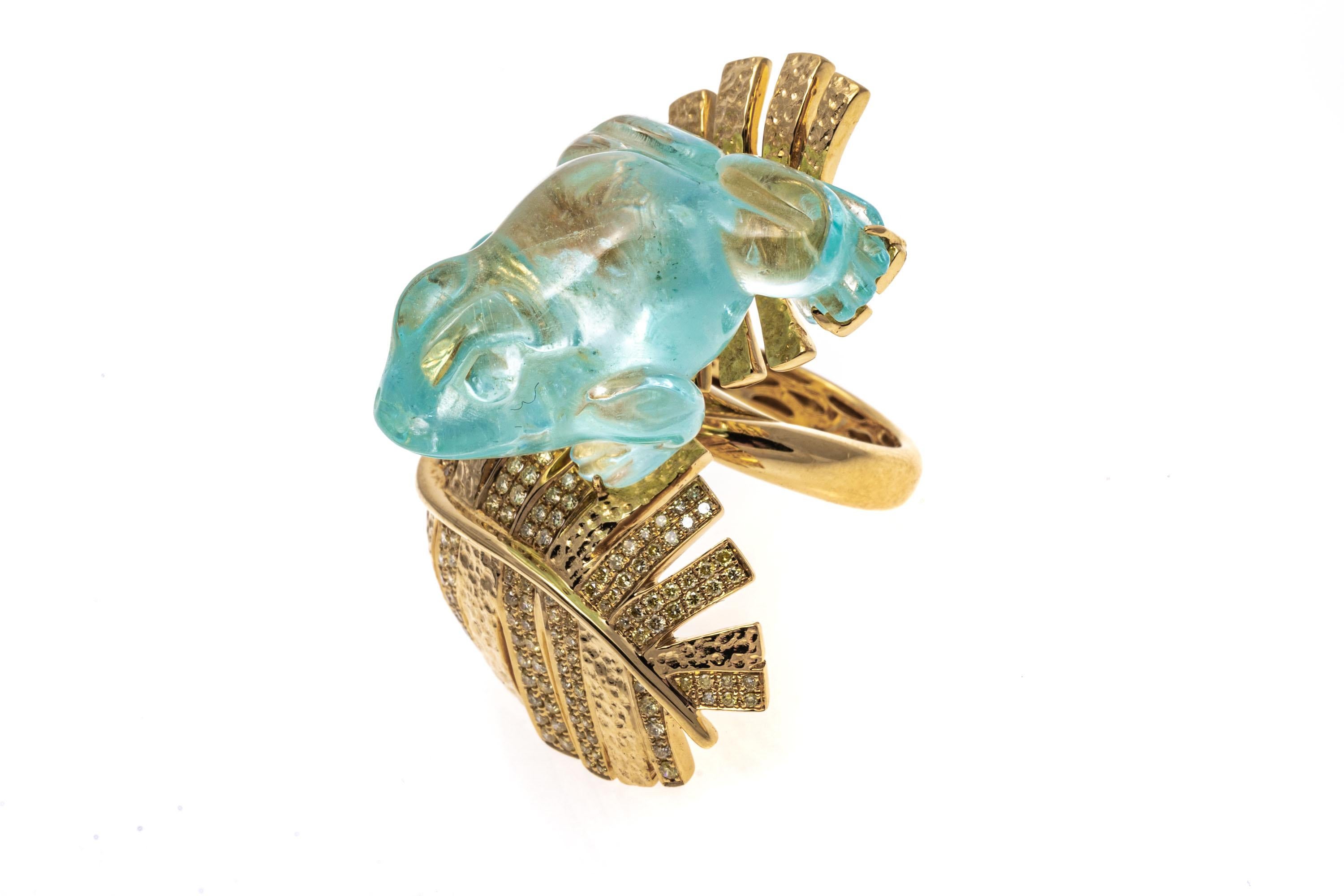 18K Yellow Gold Carved Figural Aquamarine Frog Ring with Diamonds, App. 0.60 TCW For Sale 5