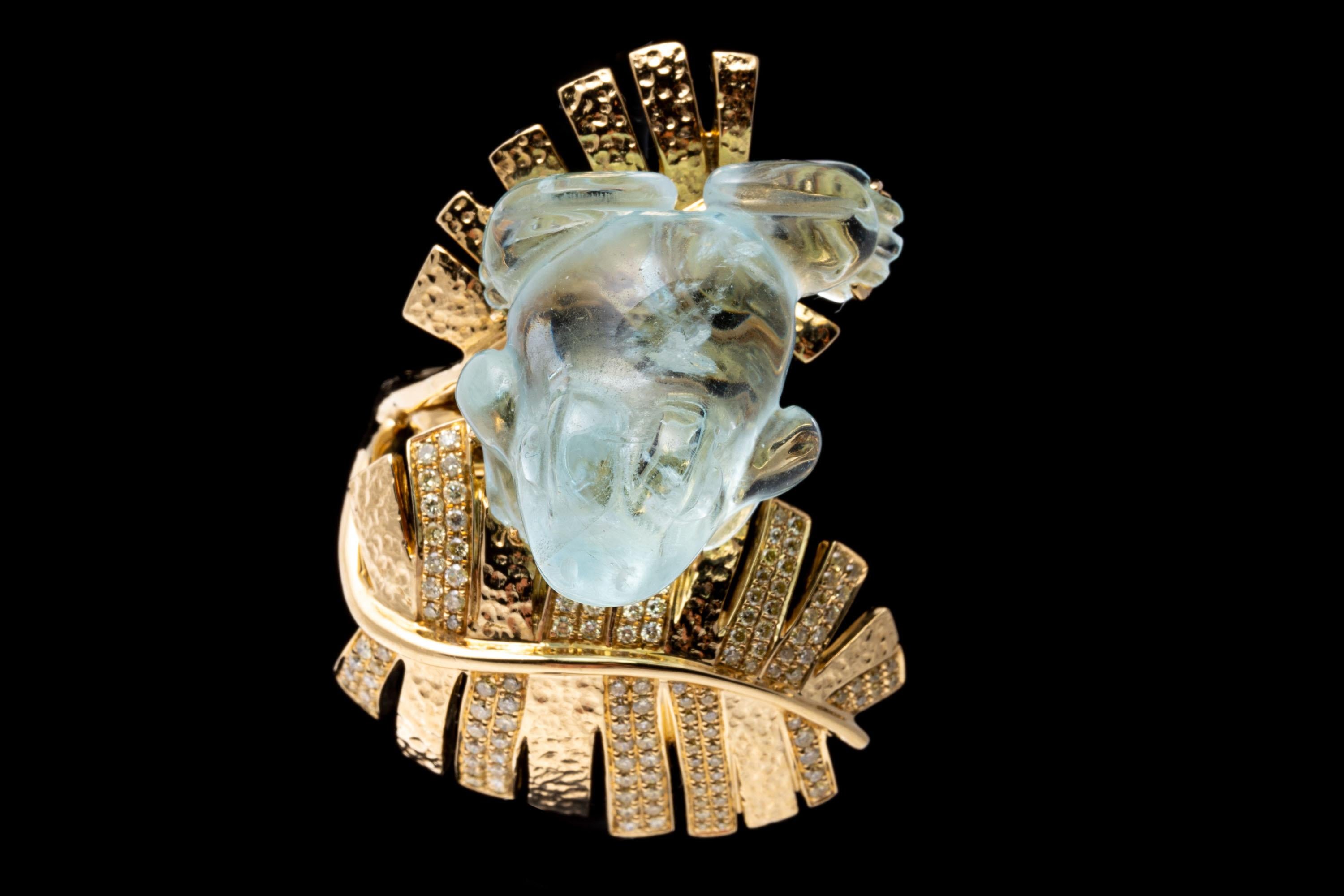 18K Yellow Gold Carved Figural Aquamarine Frog Ring with Diamonds, App. 0.60 TCW For Sale 6