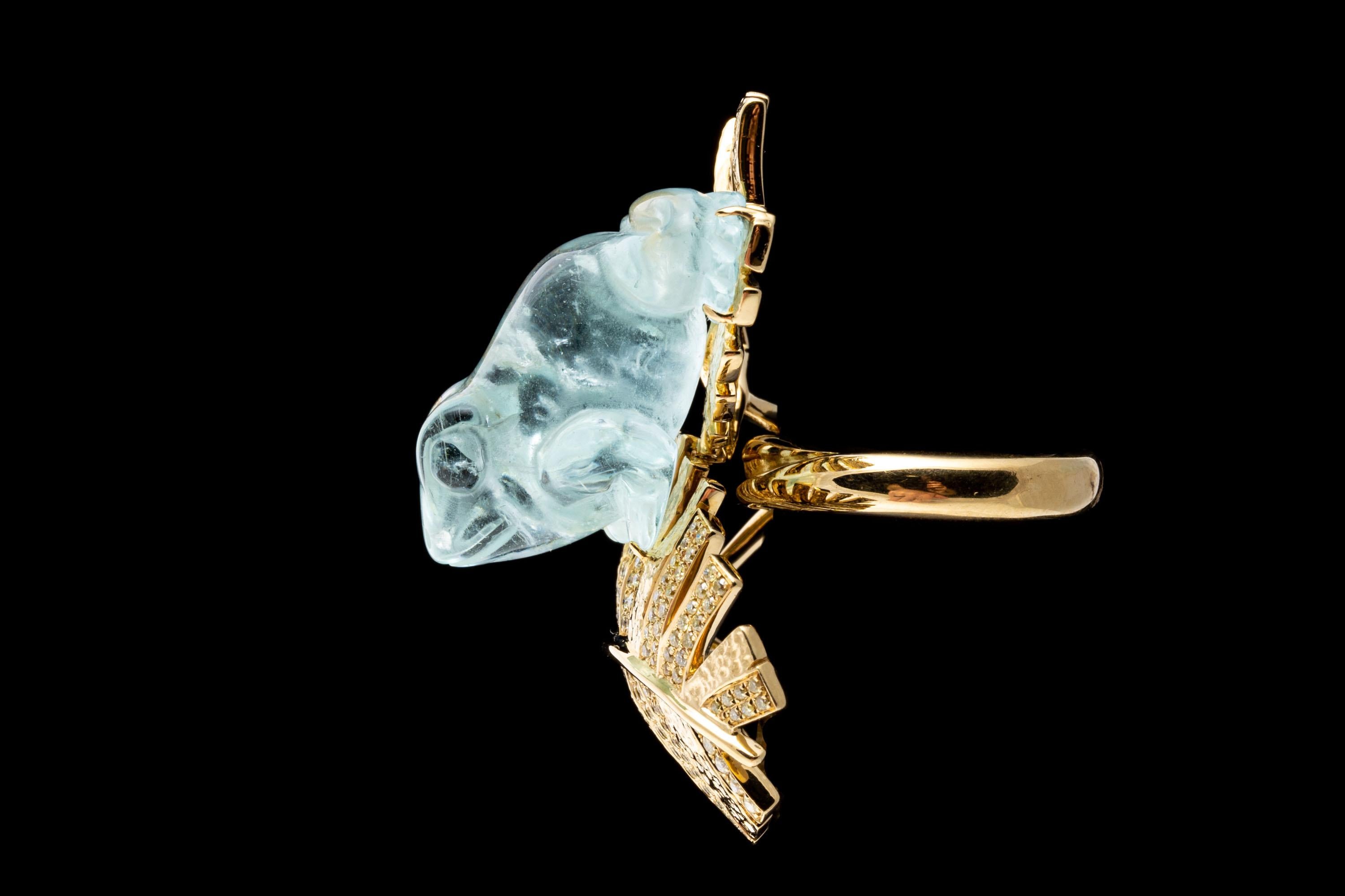 18K Yellow Gold Carved Figural Aquamarine Frog Ring with Diamonds, App. 0.60 TCW For Sale 7