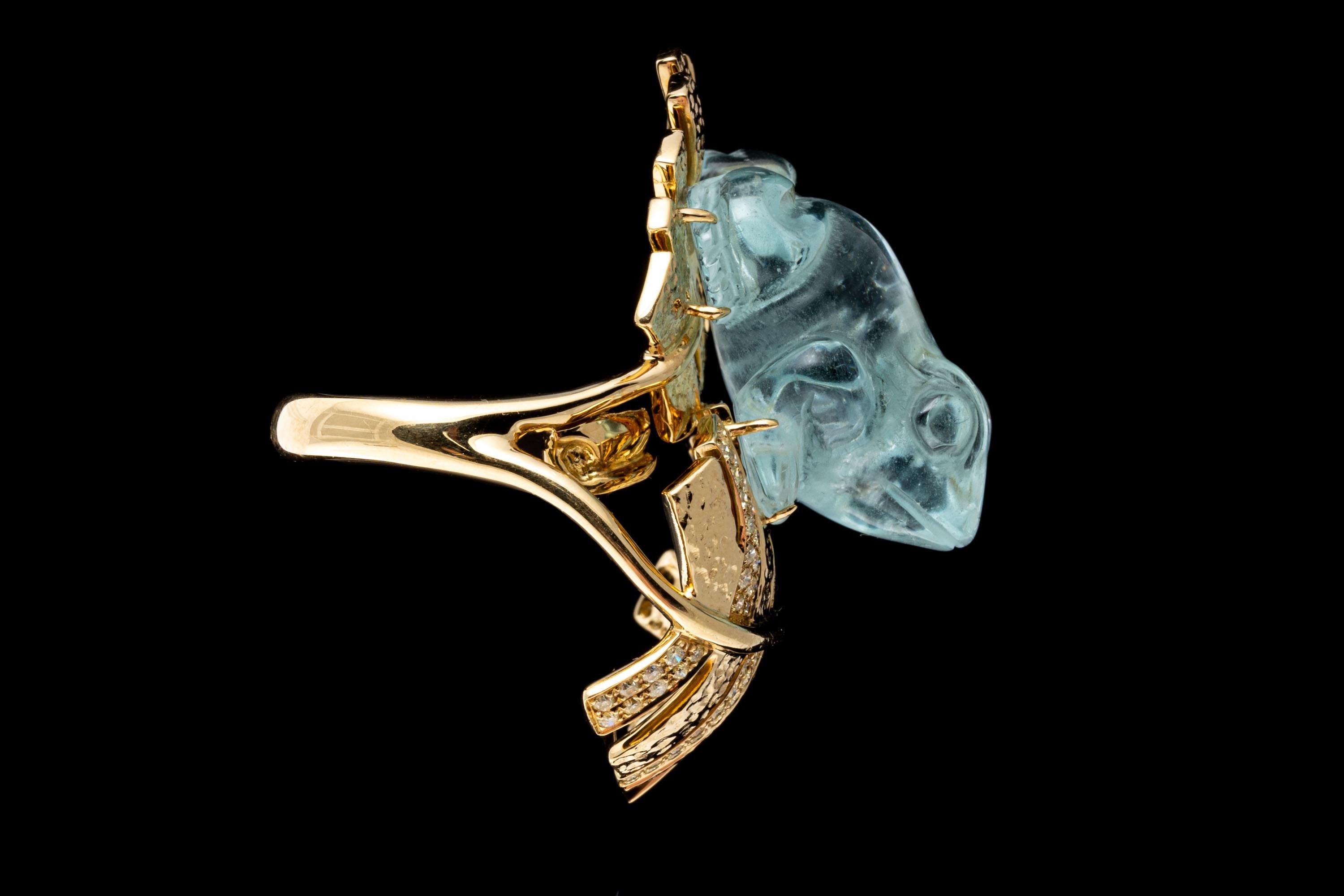 18K Yellow Gold Carved Figural Aquamarine Frog Ring with Diamonds, App. 0.60 TCW For Sale 8