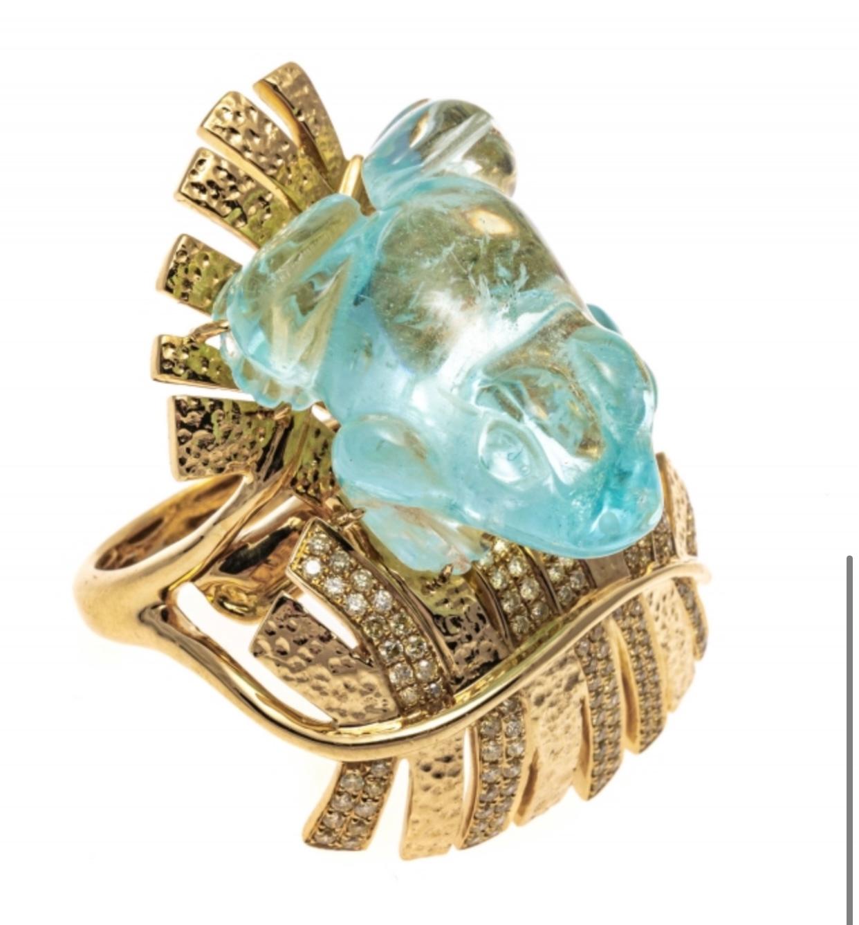 Women's 18K Yellow Gold Carved Figural Aquamarine Frog Ring with Diamonds, App. 0.60 TCW For Sale